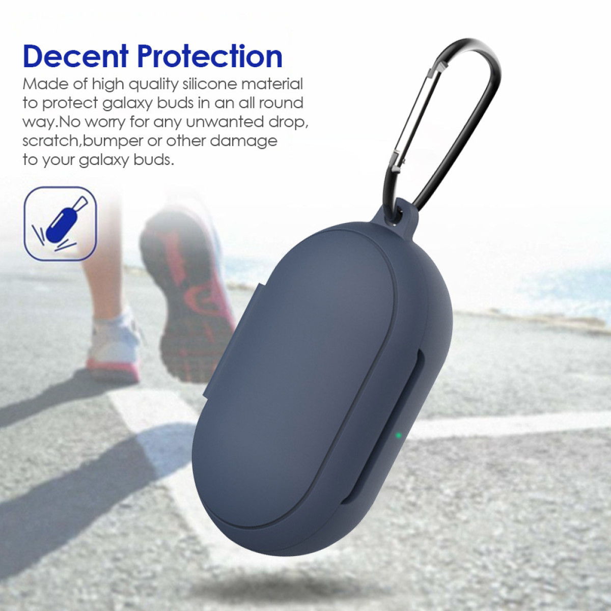 Un estuche azul oscuro para auriculares con mosquetón. En el fondo, una persona corre sobre una superficie gris.