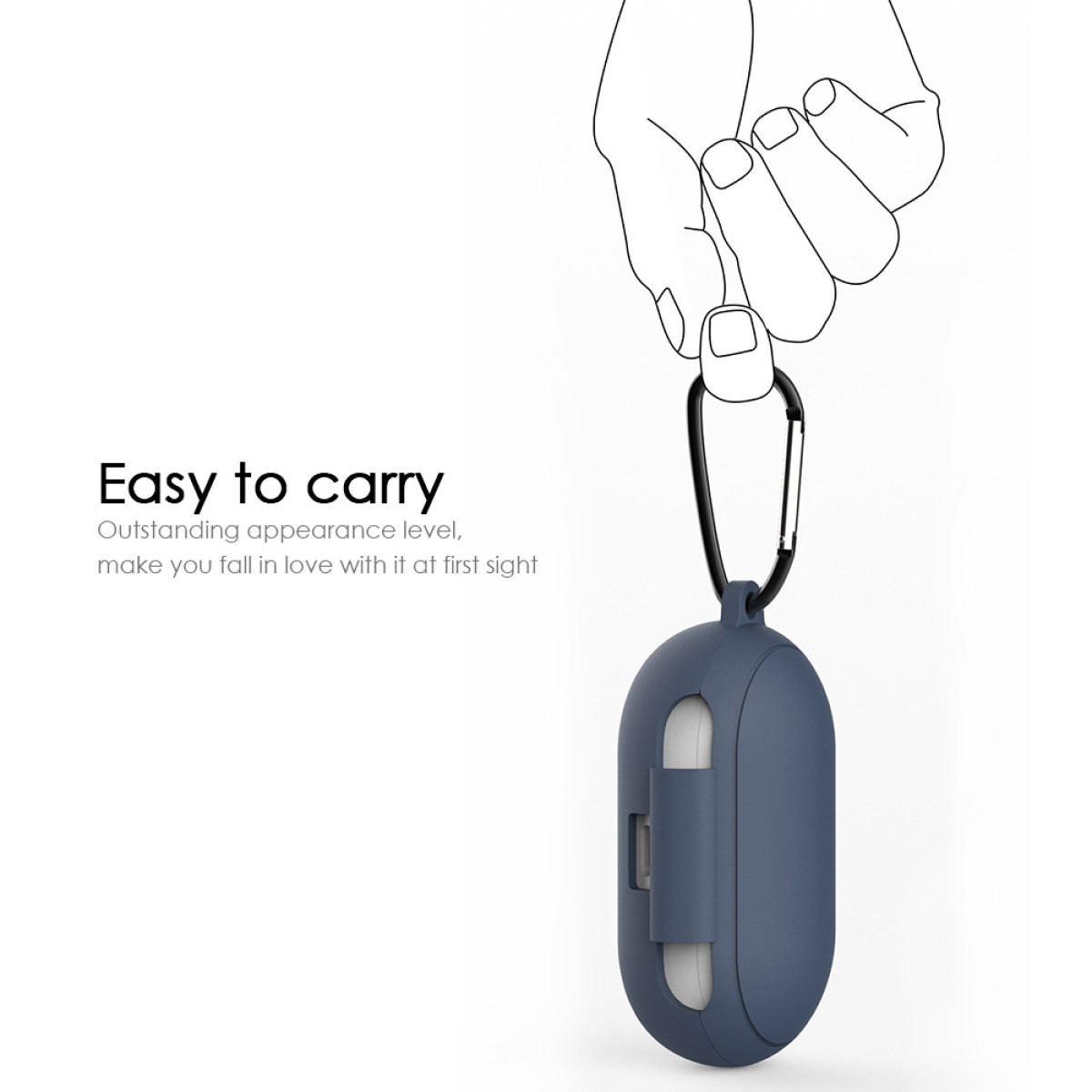 Una mano sosteniendo una funda de auriculares azul oscuro con un mosquetón negro. Texto: Fácil de llevar, apariencia sobresaliente, enamorarse.