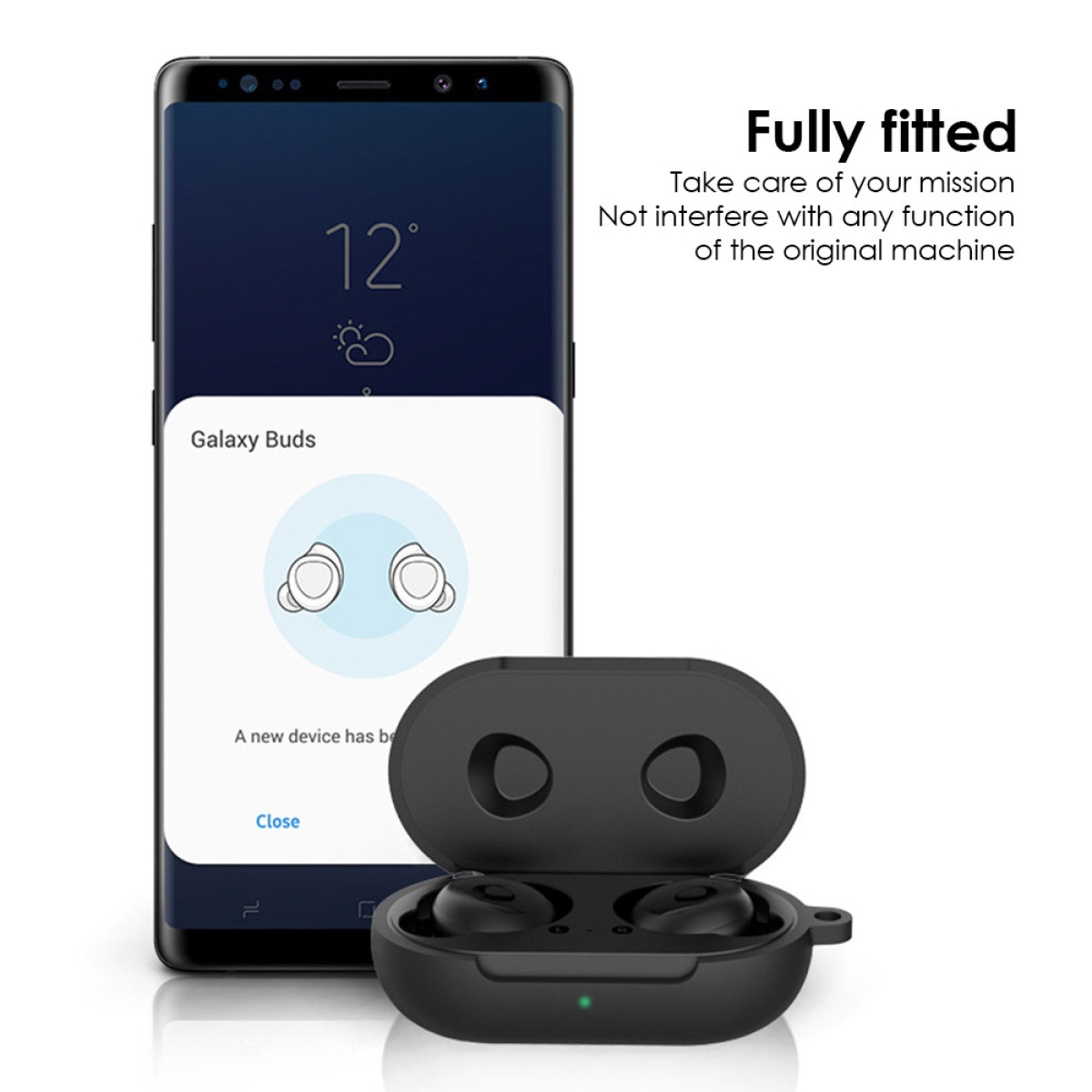 El teléfono negro muestra el emparejamiento de Galaxy Buds. Estuche negro abierto con auriculares a la derecha. Texto: Totalmente equipado.