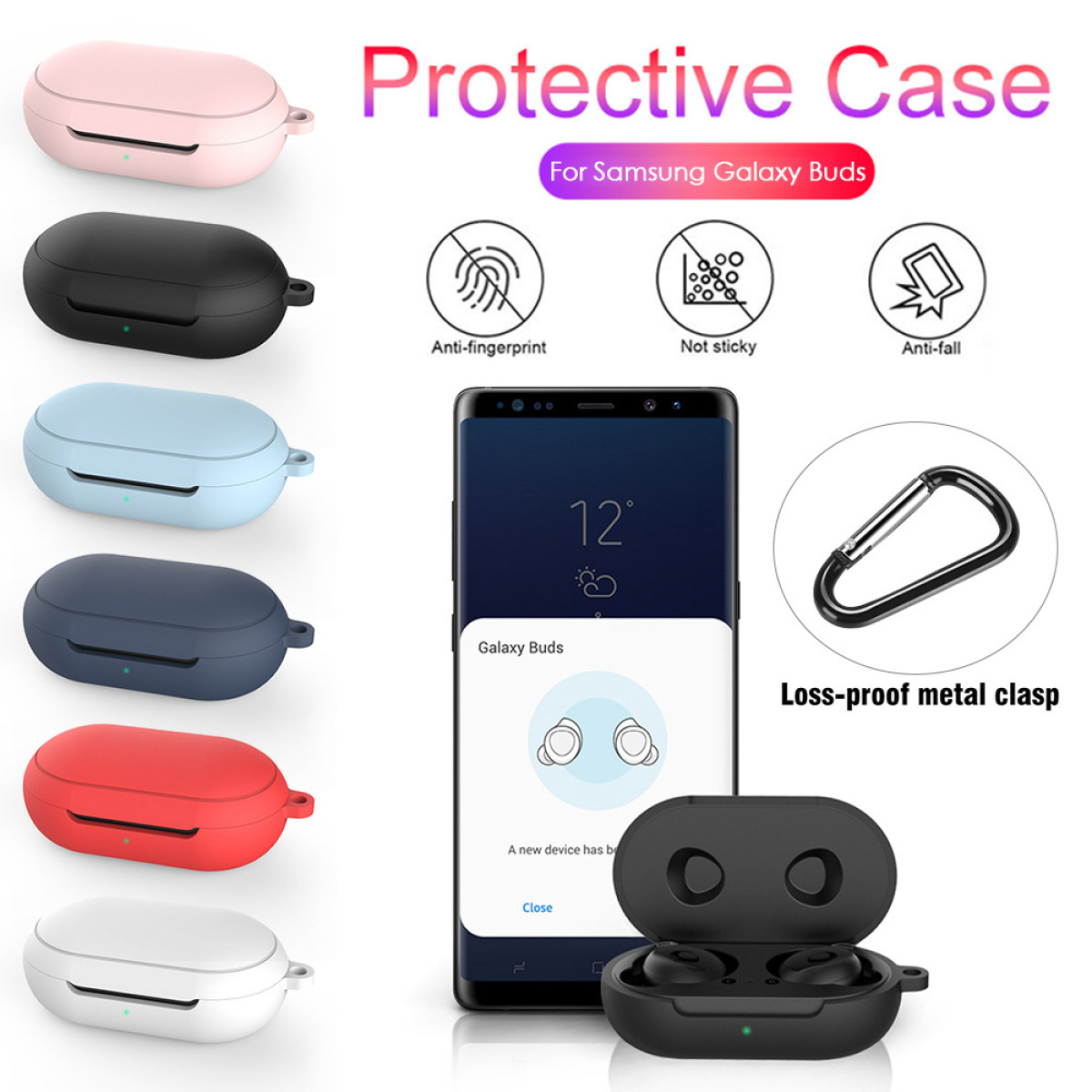 La imagen muestra fundas protectoras para Galaxy Buds en varios colores, un teléfono inteligente e iconos de anti-huellas, no pegajoso y anticaída.