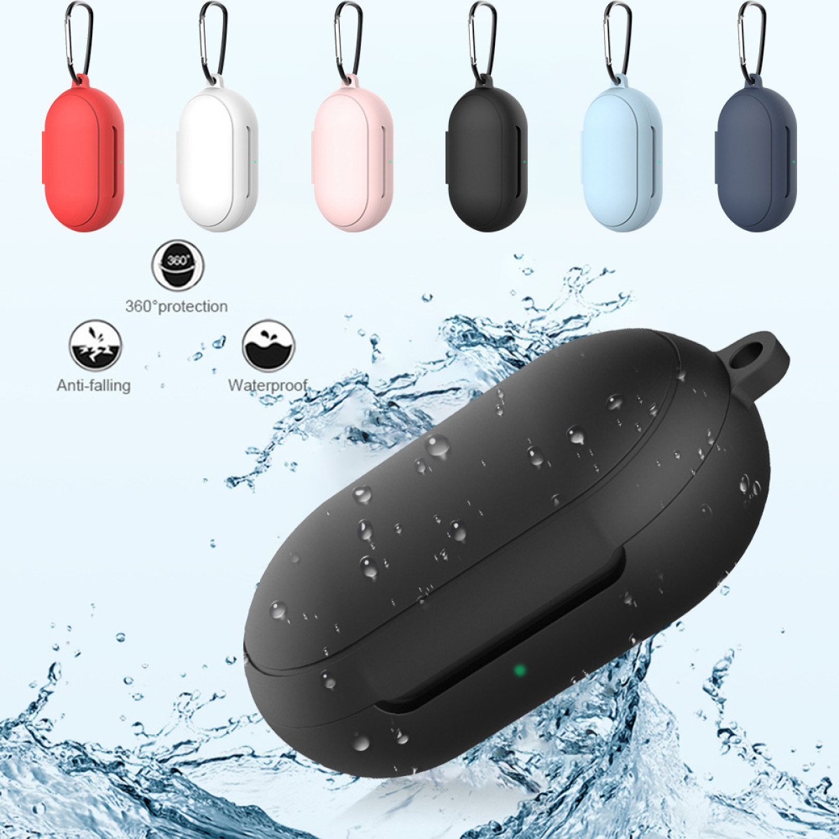 Estuches para auriculares en varios colores con un estuche negro más grande. Gotas de agua, iconos de protección y salpicaduras de agua en el fondo.
