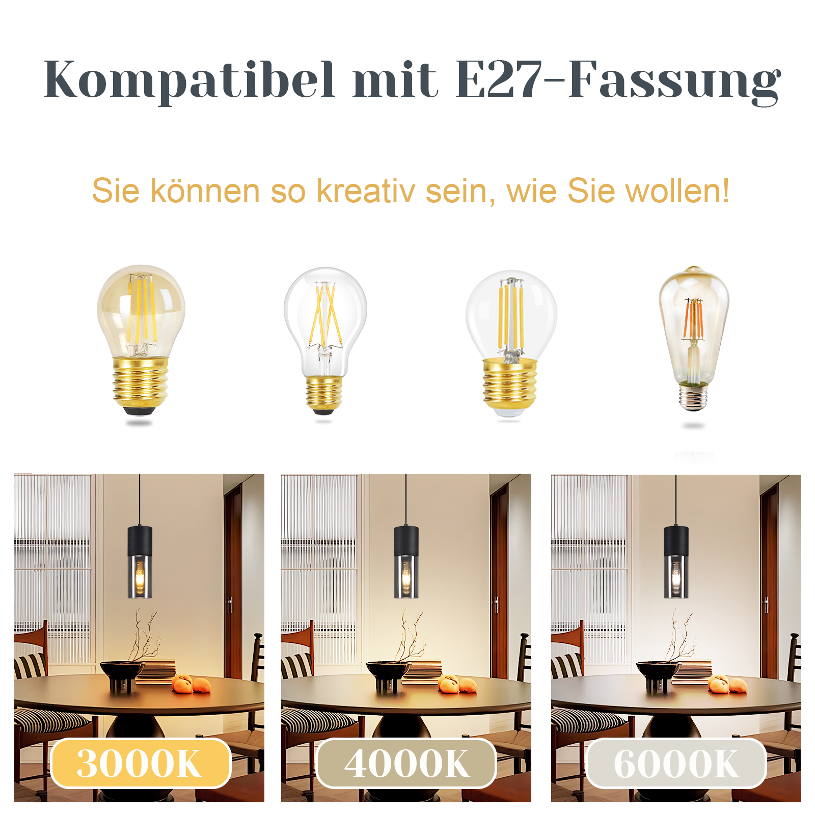 Das Bild zeigt vier Glühbirnen und drei Szenen eines Esszimmers mit Lichtern unterschiedlicher Farbtemperatur.