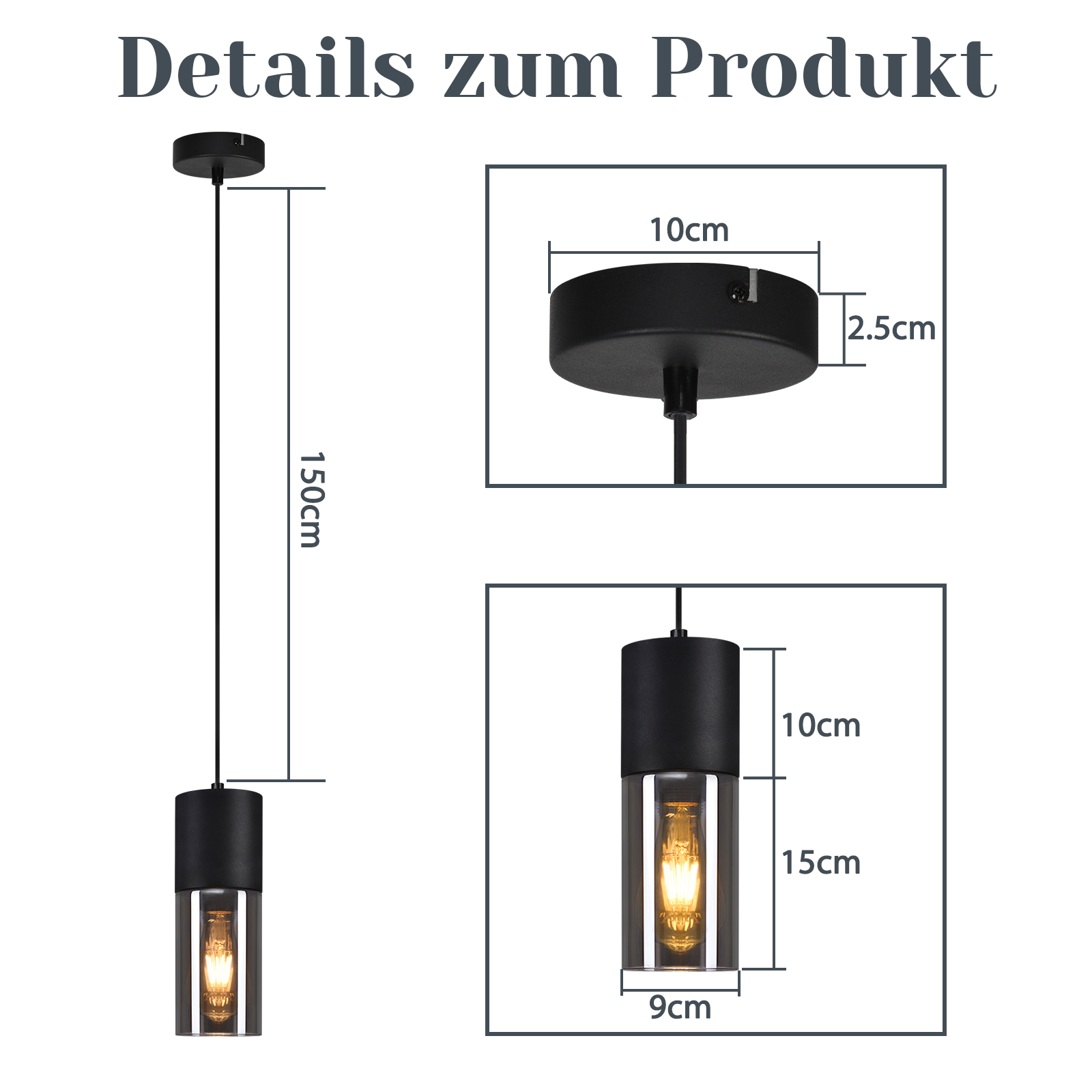 Eine schwarze Hängelampe mit Maßen. Die Lampe hat einen zylindrischen Schirm mit Glühbirne. Abmessungen sind angegeben.