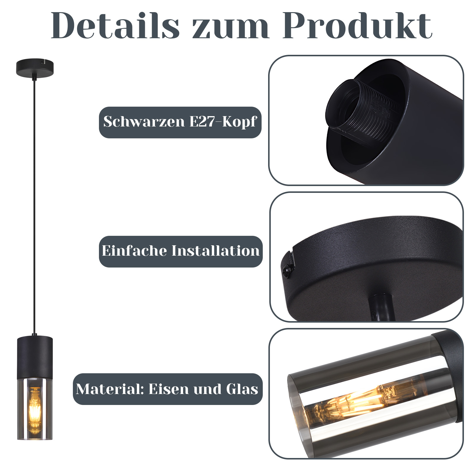 Details einer schwarzen Pendelleuchte. Sie hat einen schwarzen Kopf, einfache Installation, besteht aus Eisen und Glas. Nahaufnahmen.