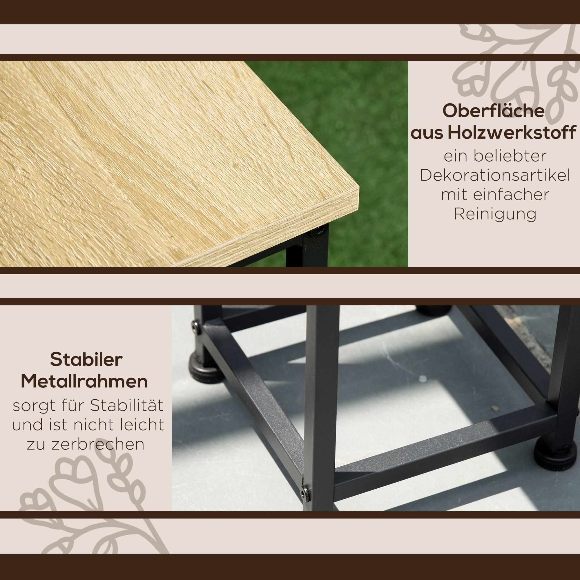Ein Tisch mit einer hellen Holzplatte und einem schwarzen Metallrahmen. Die Platte besteht aus Holzmaterial.