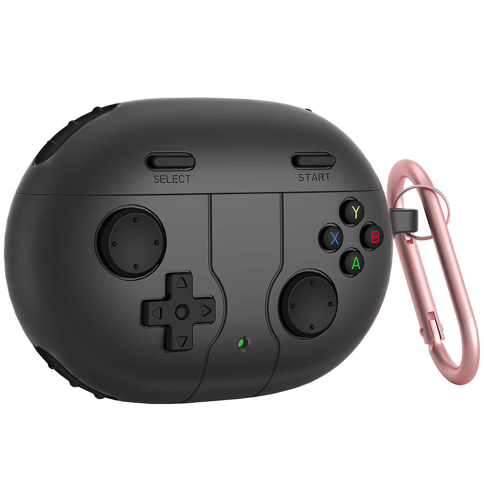 Una custodia da gioco nera con pulsanti e un D-pad. Ha pulsanti colorati e un moschettone rosa attaccato.