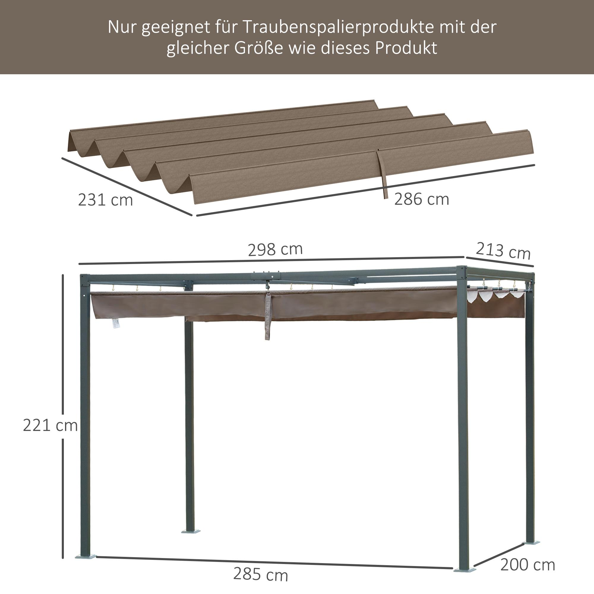 Eine Außenstruktur mit Abmessungen. Es hat ein braunes Dach und einen dunkelgrauen Rahmen. Abmessungen werden ebenfalls angezeigt.