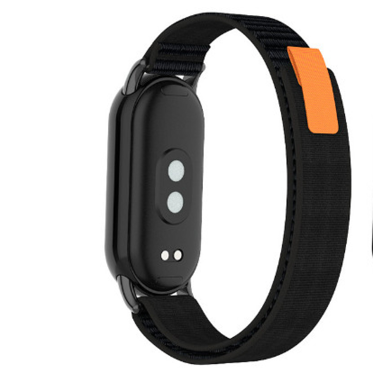 Schwarze Smartwatch mit schwarzem Armband und orangefarbenem Lasche. Die Uhr hat zwei weiße Punkte und zwei kleinere Punkte.