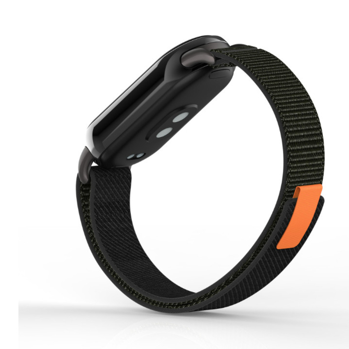 Eine schwarze Smartwatch mit dunkelgrünem Armband und orangefarbenem Akzent auf weißem Hintergrund.
