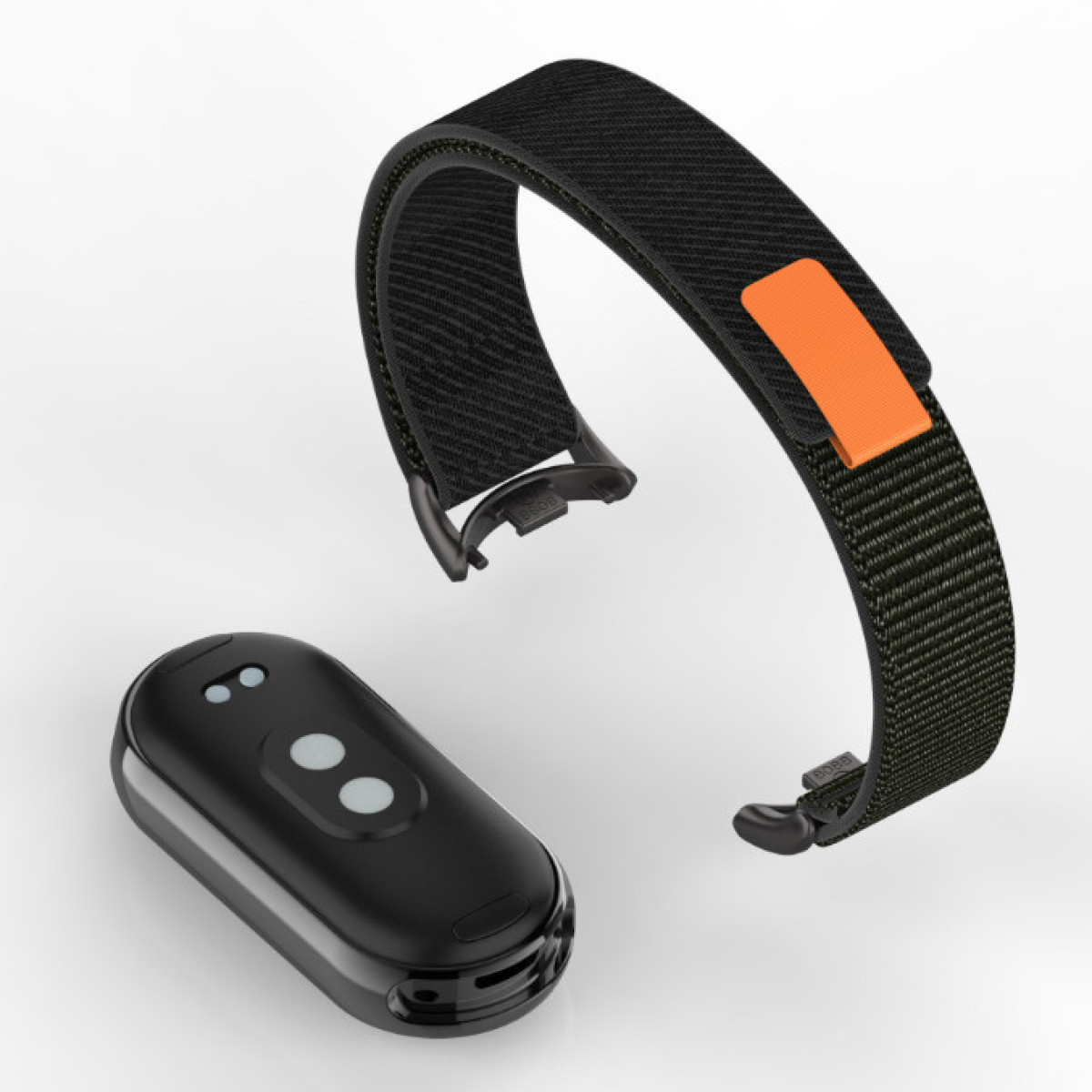 Schwarzer Fitness-Tracker und -Armband. Das Armband ist schwarz mit einem orangefarbenen Rechteck. Der Tracker ist schwarz mit zwei weißen Knöpfen.