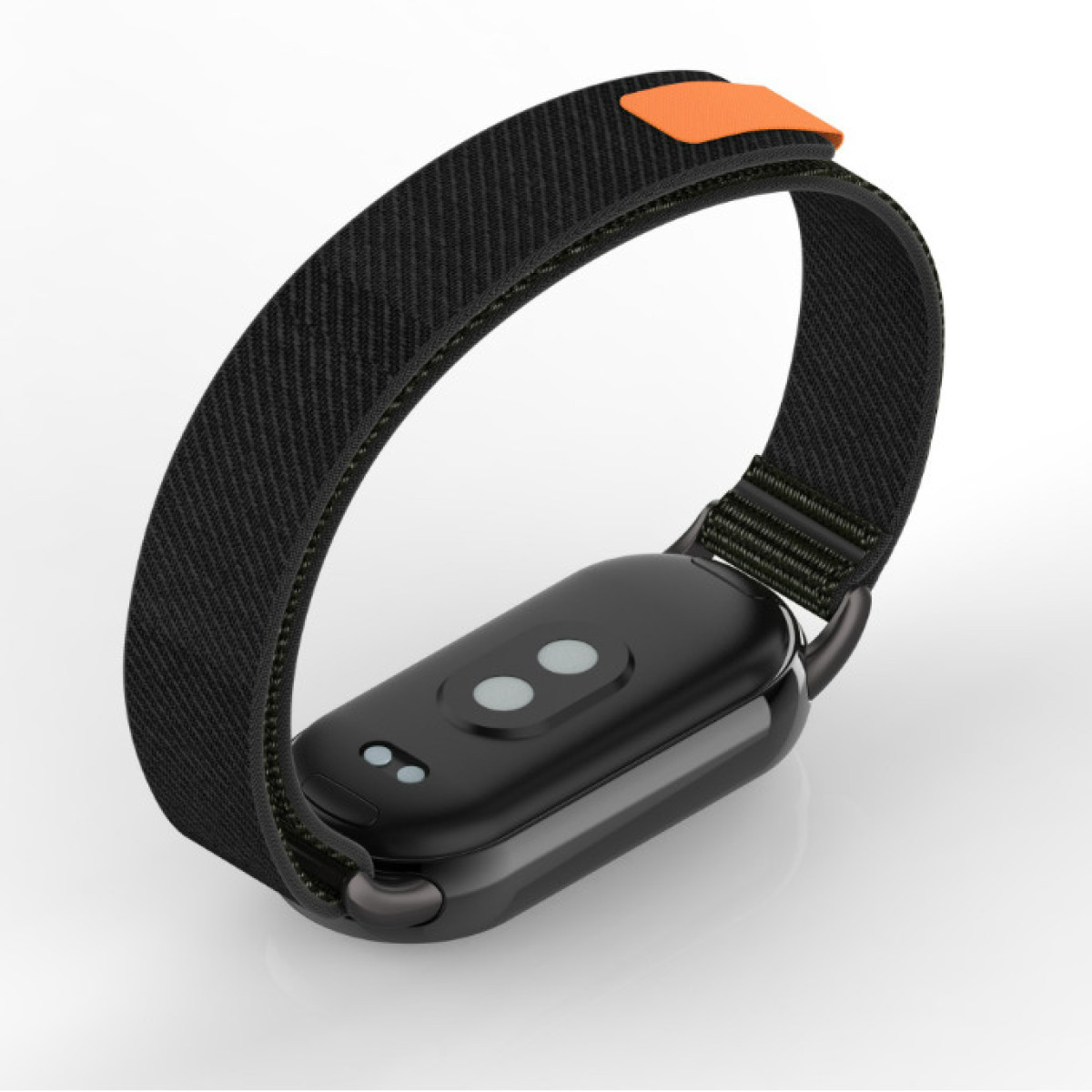 Ein schwarzer Fitnesstracker mit dunklem Armband und orangefarbener Schließe. Das Gerät hat zwei sichtbare Knöpfe. Der Hintergrund ist weiß.