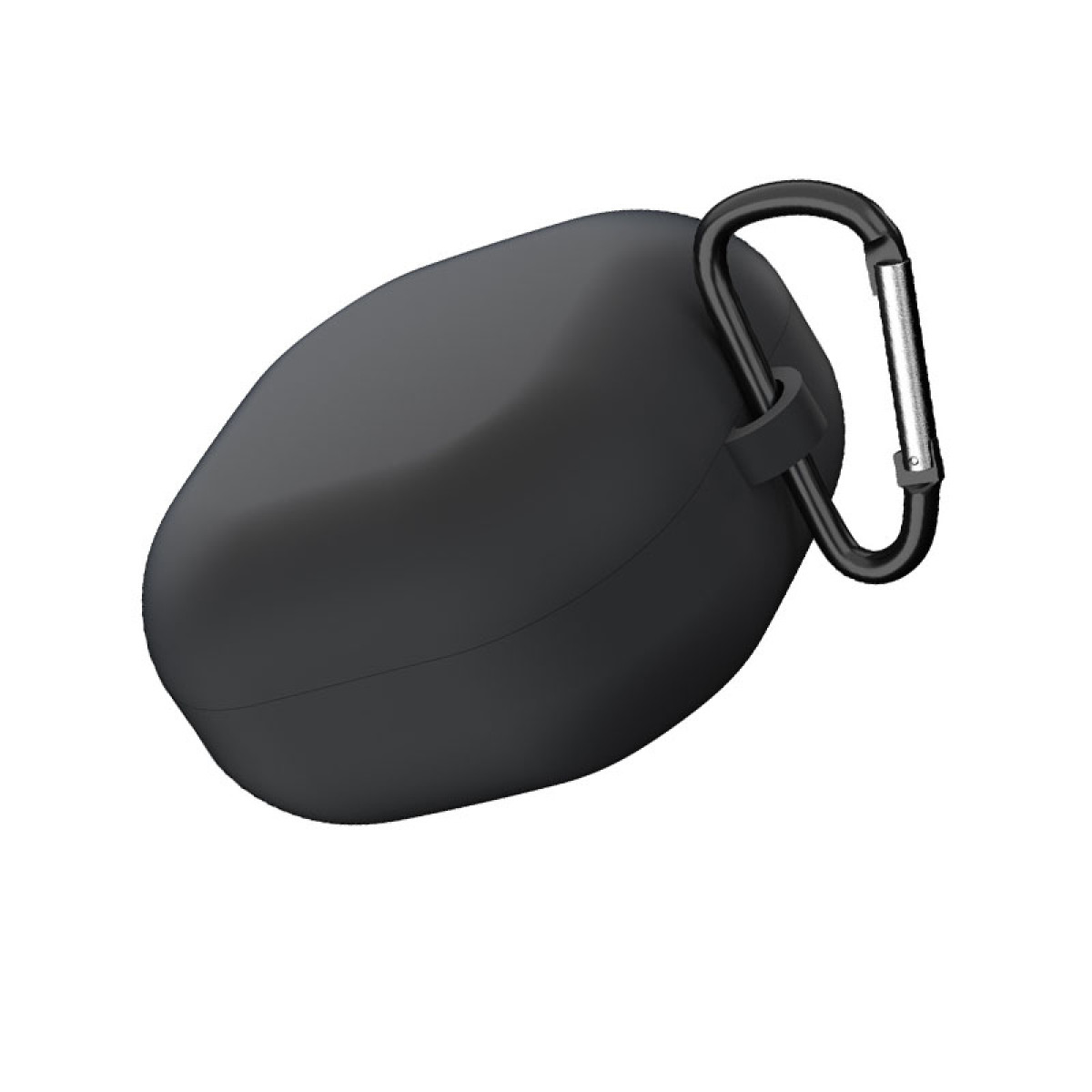 Una funda negra para auriculares con un mosquetón negro. La funda tiene forma ovalada. Fondo blanco.