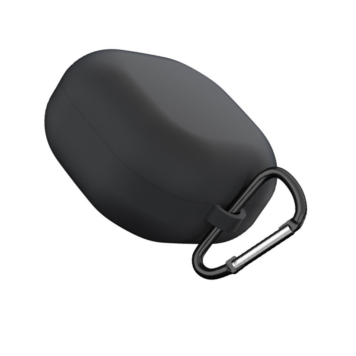 Funda negra y redondeada para auriculares con mosquetón. La funda tiene una superficie lisa. El mosquetón es plateado y negro.