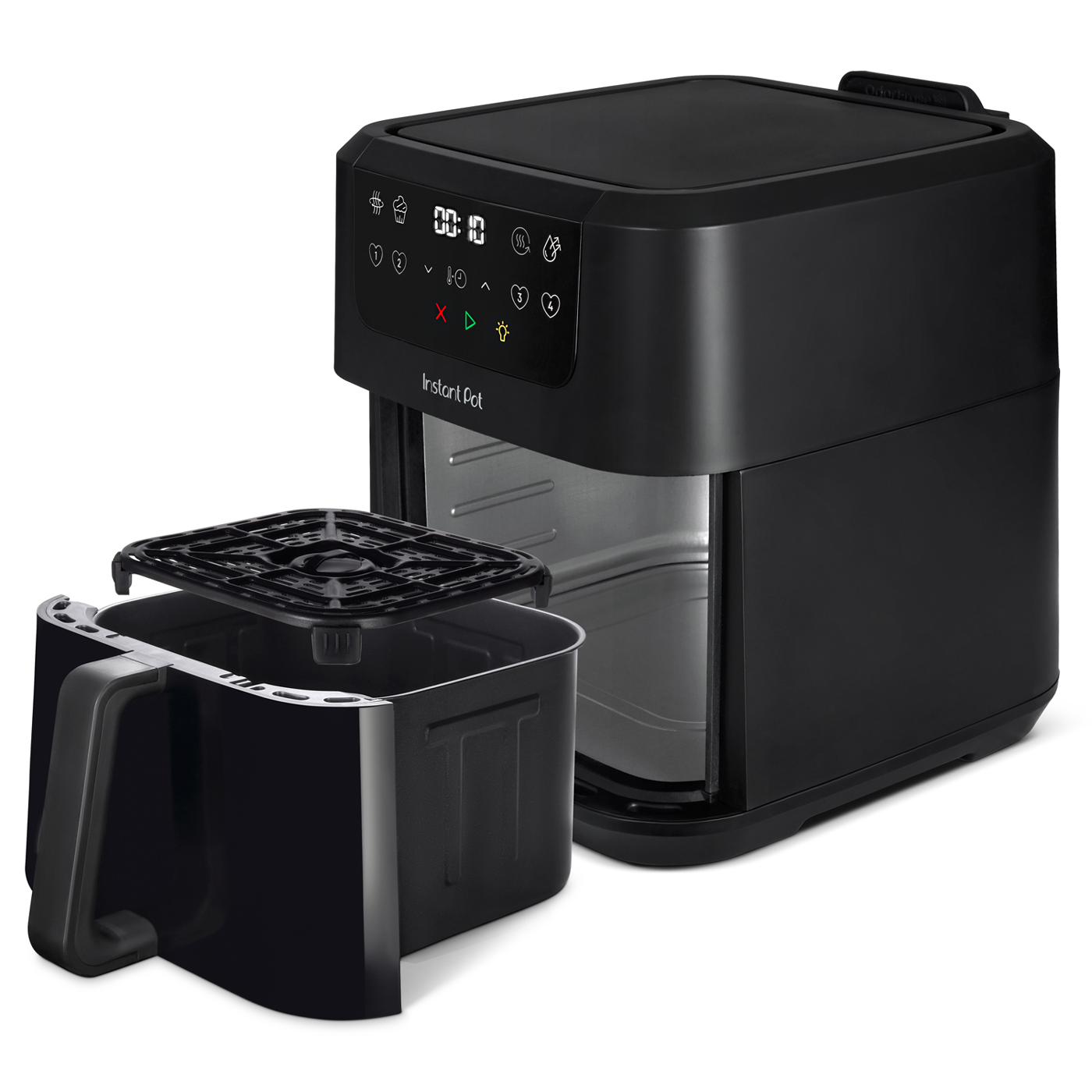 Een zwarte Instant Pot airfryer met een open lade. Het bedieningspaneel toont een timer. Lade en bakje zijn apart.