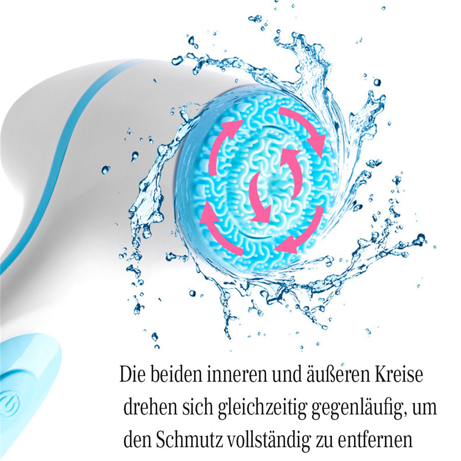 Ein weiß-blaues Gesichtsreinigungsgerät. Es hat einen rotierenden Bürstenkopf mit rosa Pfeilen, Wasserspritzern und Text darunter.