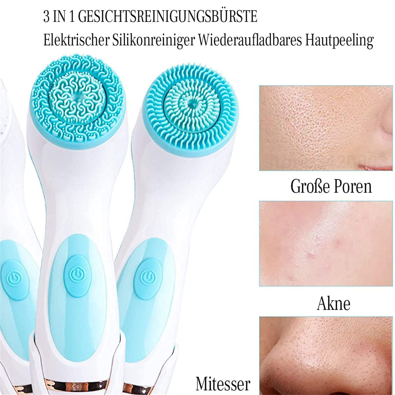 Das Bild zeigt Gesichtsreinigungsbürsten mit blauen Köpfen und weißen Griffen. Außerdem werden Bilder von Hautproblemen angezeigt.