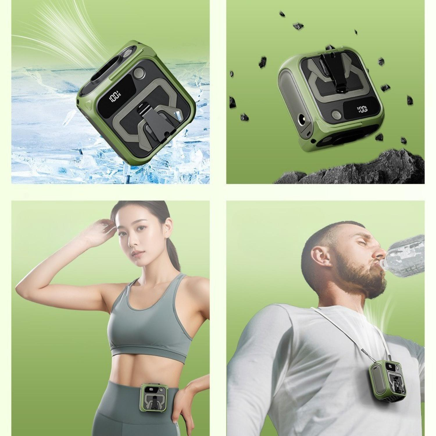 Das Bild zeigt ein grünes Gerät mit Display. Es wird auf Eis, schwebend und von Menschen getragen gezeigt. Menschen trinken Wasser und trainieren.