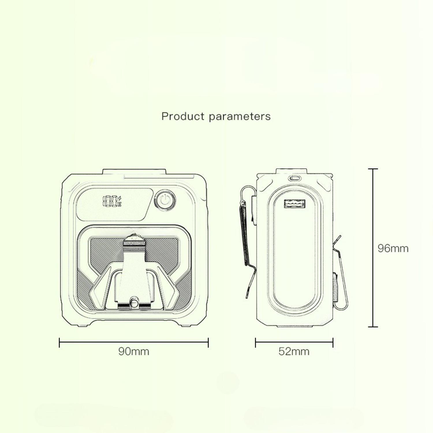 Diagramm eines Geräts mit Abmessungen. Zeigt Vorder- und Seitenansichten mit Millimeterangaben. Text lautet: 'Produktparameter'.