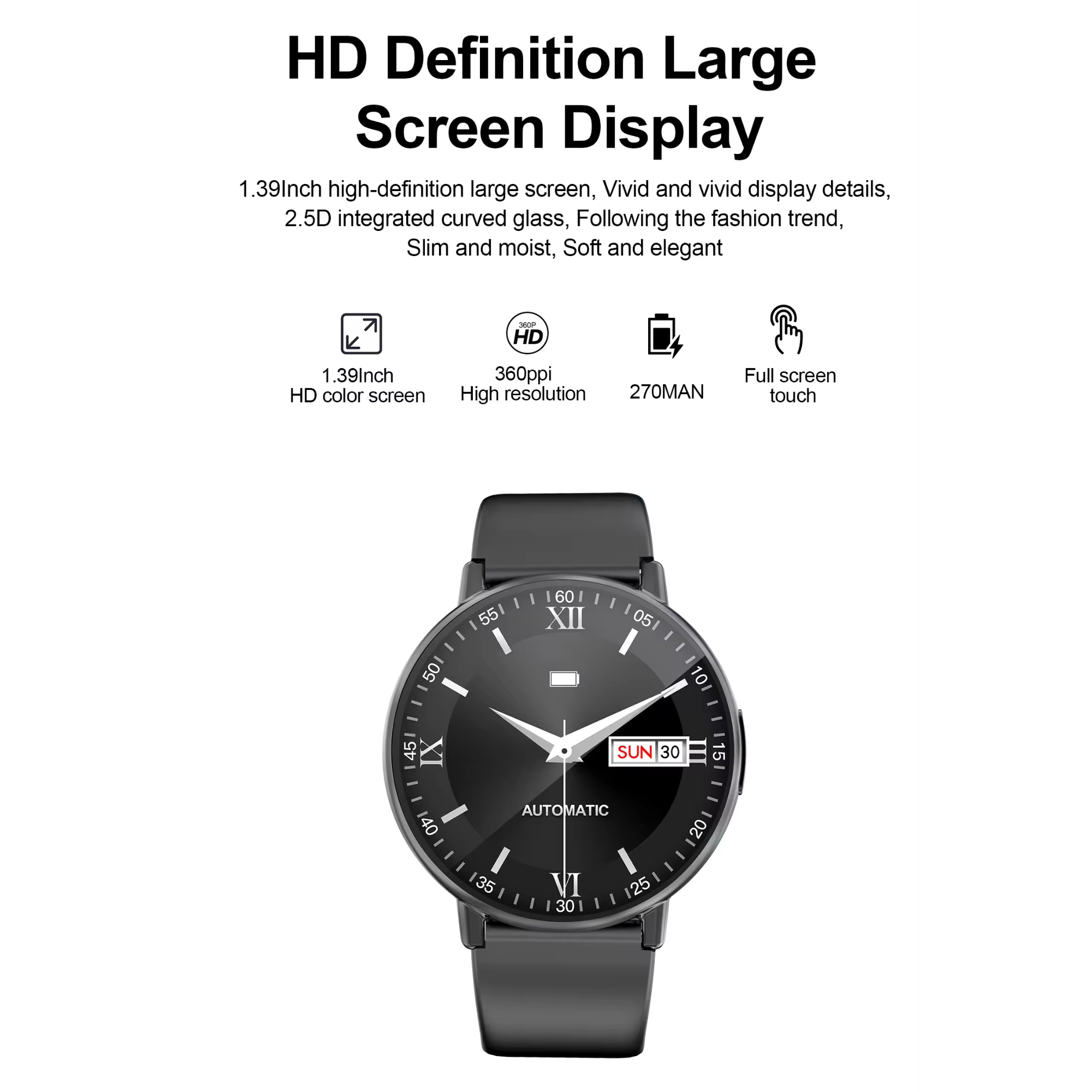 Czarny smartwatch z okrągłą tarczą, wyświetlający godzinę i datę. Posiada ekran o wysokiej rozdzielczości i sterowanie dotykowe.