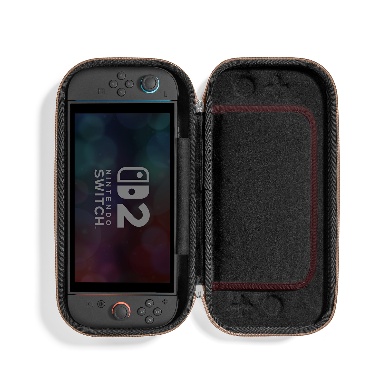 Nintendo Switch w brązowym etui. Ekran wyświetla logo Switch.