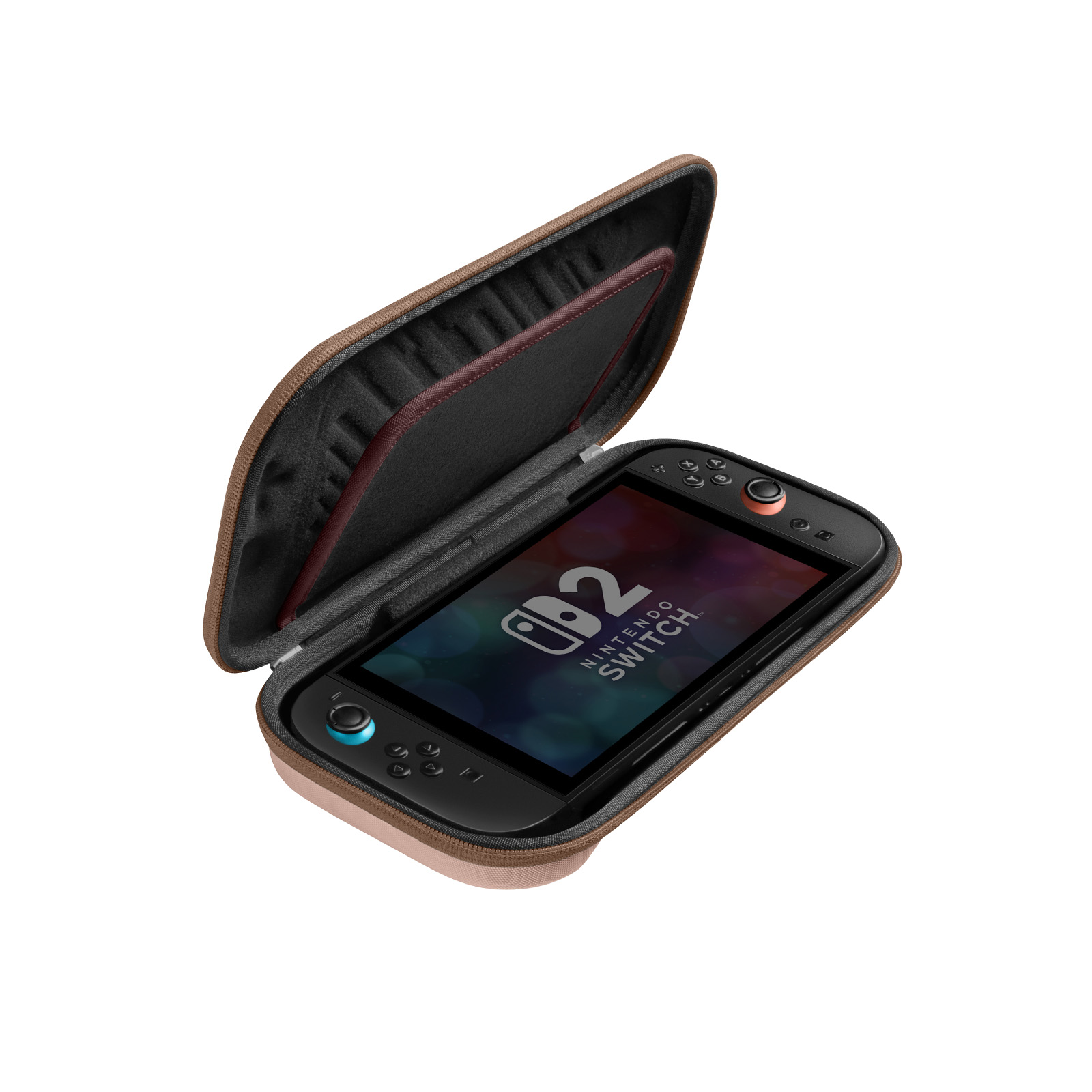 Konsola Nintendo Switch w brązowym etui. Ekran wyświetla 'Nintendo Switch'. Etui jest częściowo otwarte.