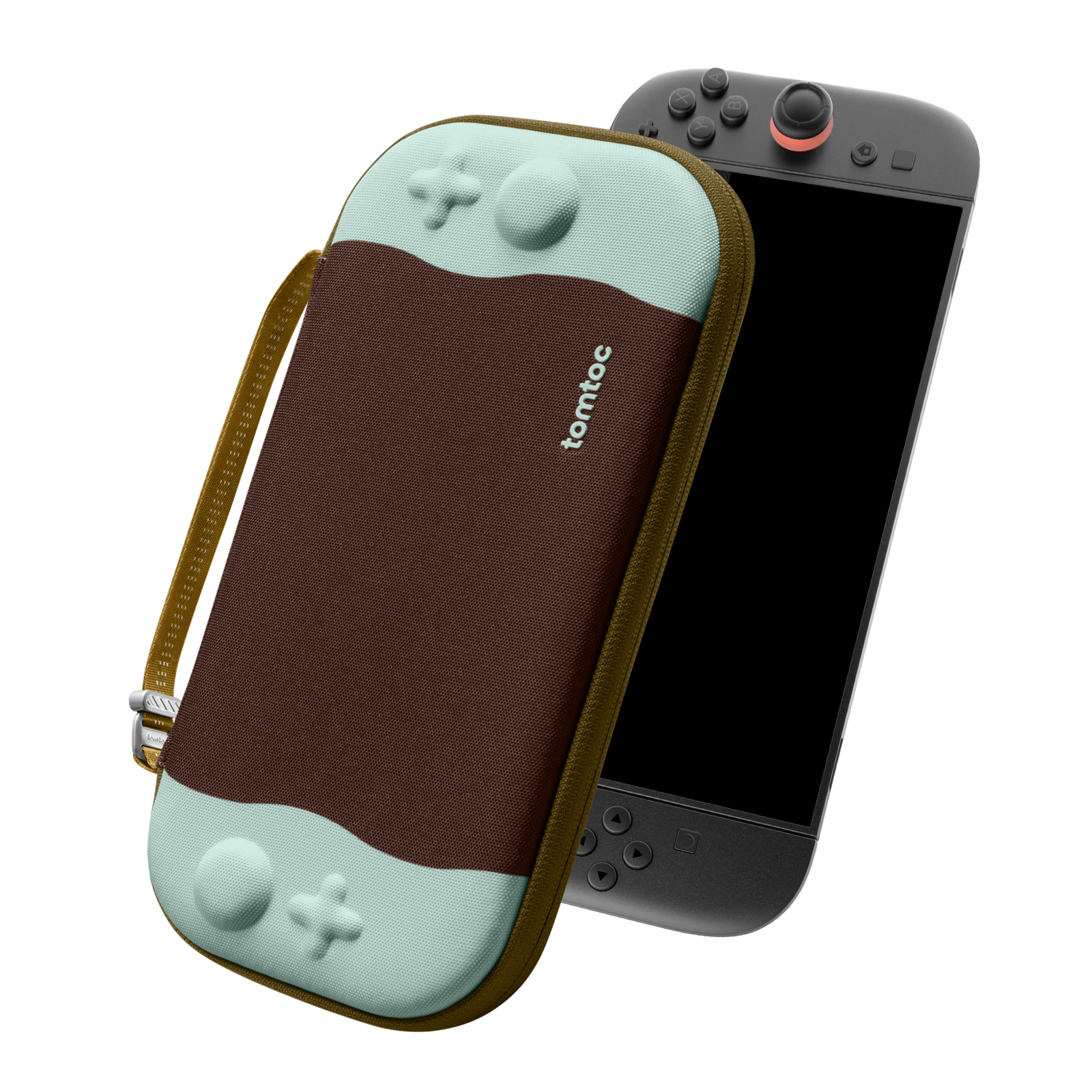 Szary Nintendo Switch z brązowym i turkusowym etui, pokazujący kontroler i ekran. Na etui napis 'tomtoc'.