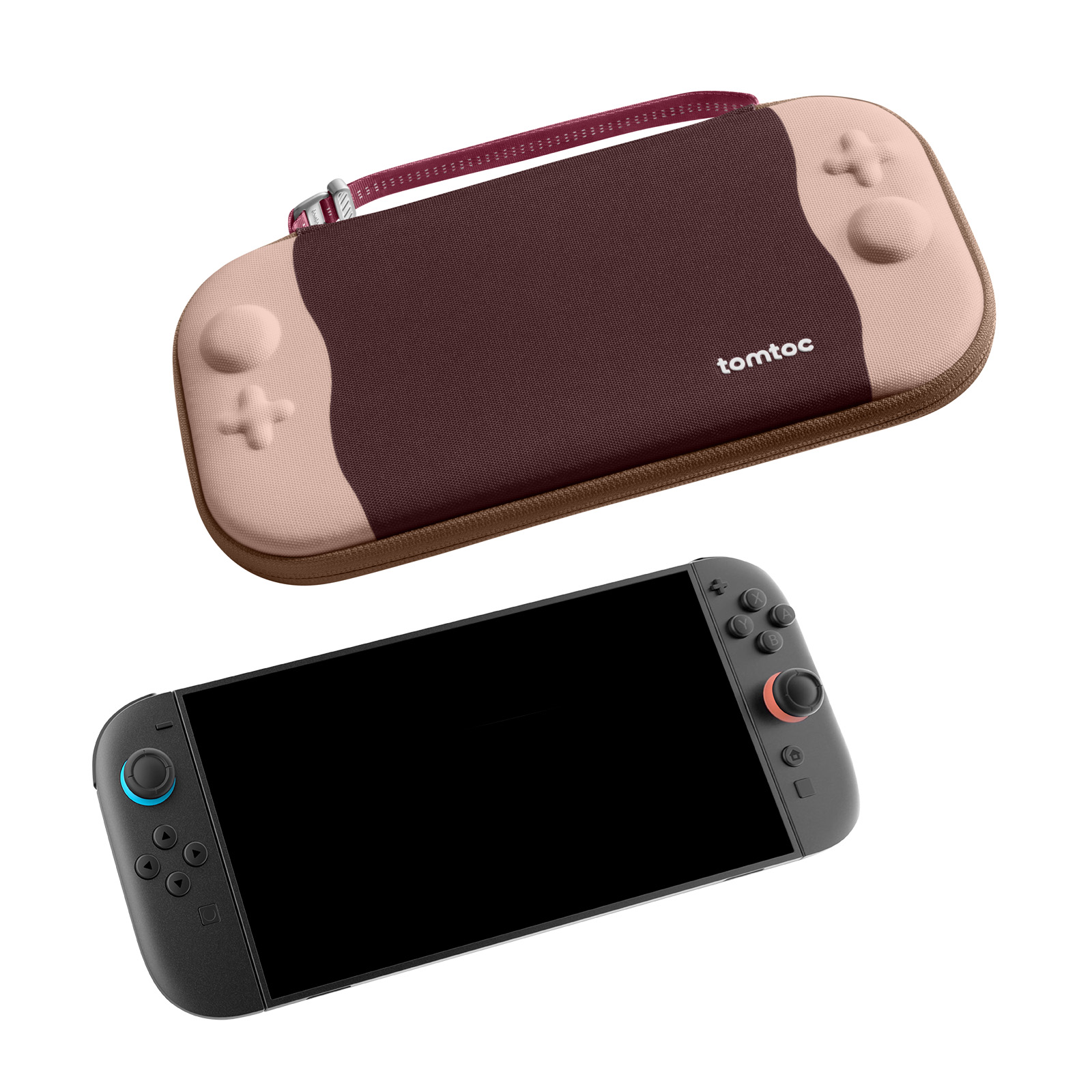 Wyświetlane są konsola Nintendo Switch i etui. Etui jest brązowe i różowe, z marką 'tomtoc'. Konsola jest czarna.