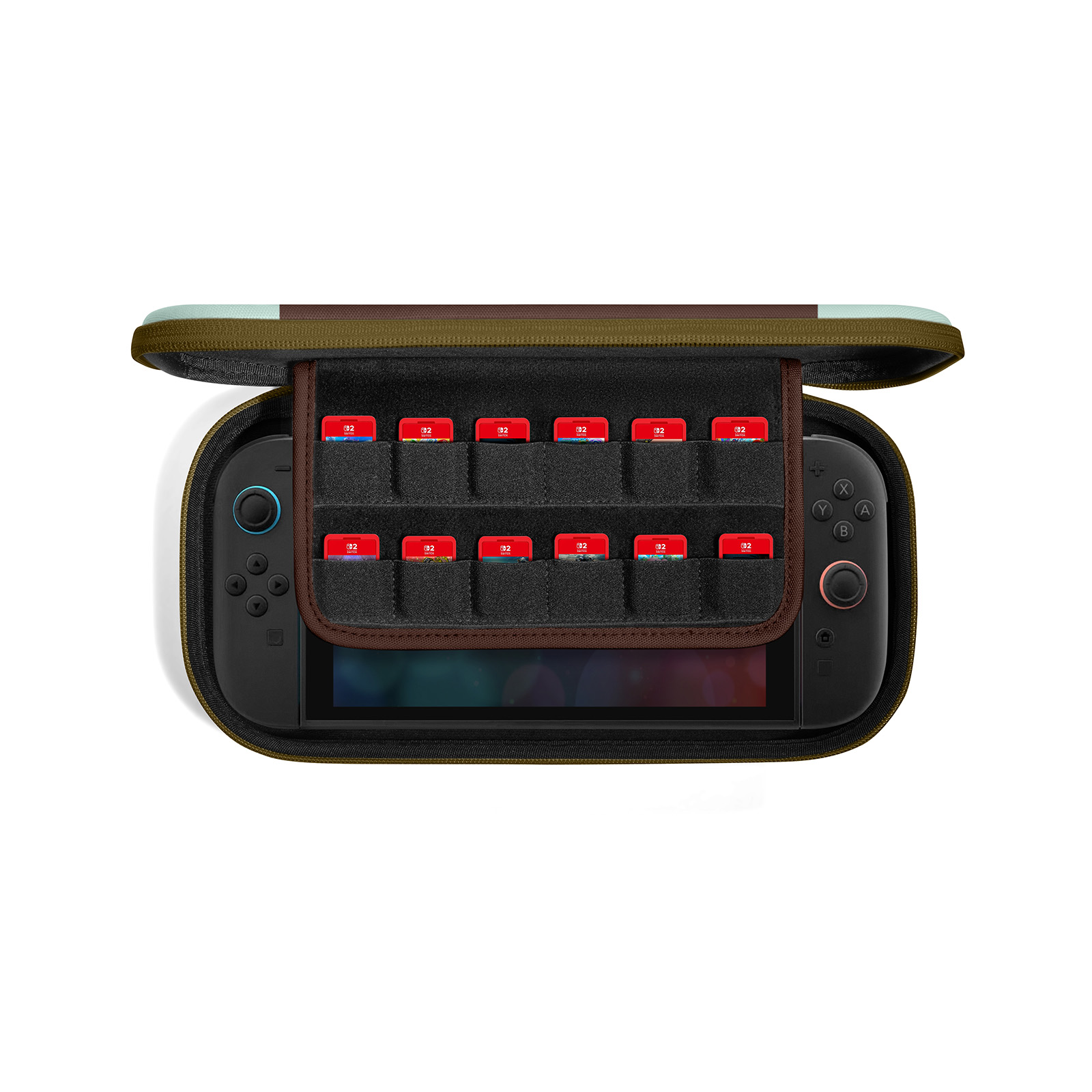 Czarna konsola do gier w otwartym, oliwkowym etui. Widoczne są czerwone kartridże do gier.