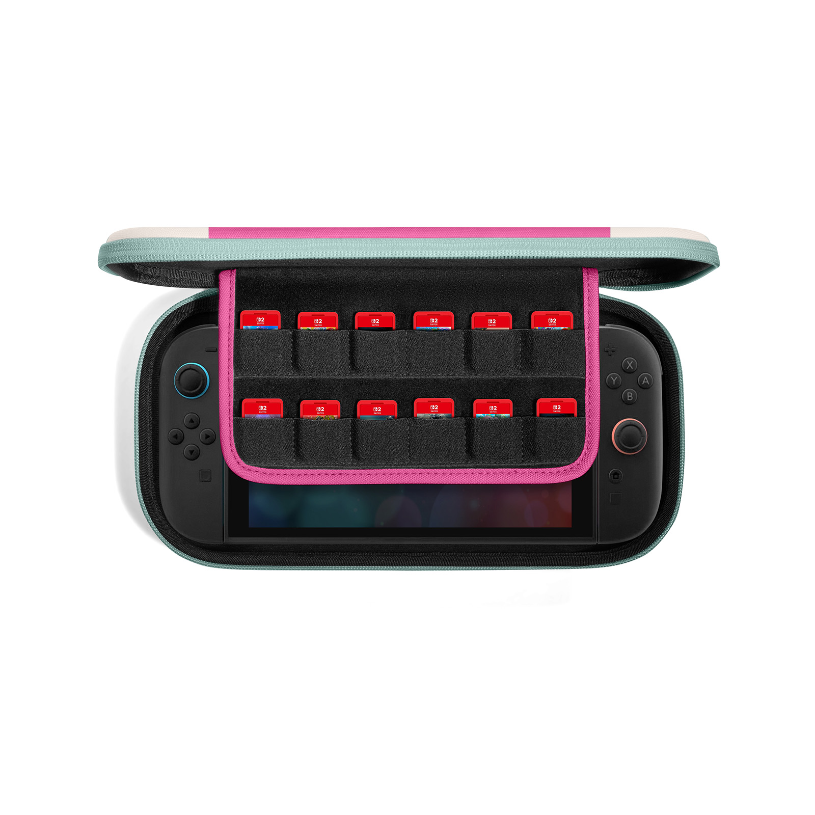 Czarna konsola do gier w etui z kartridżami do gier. Etui jest otwarte z różową i zieloną obwódką.
