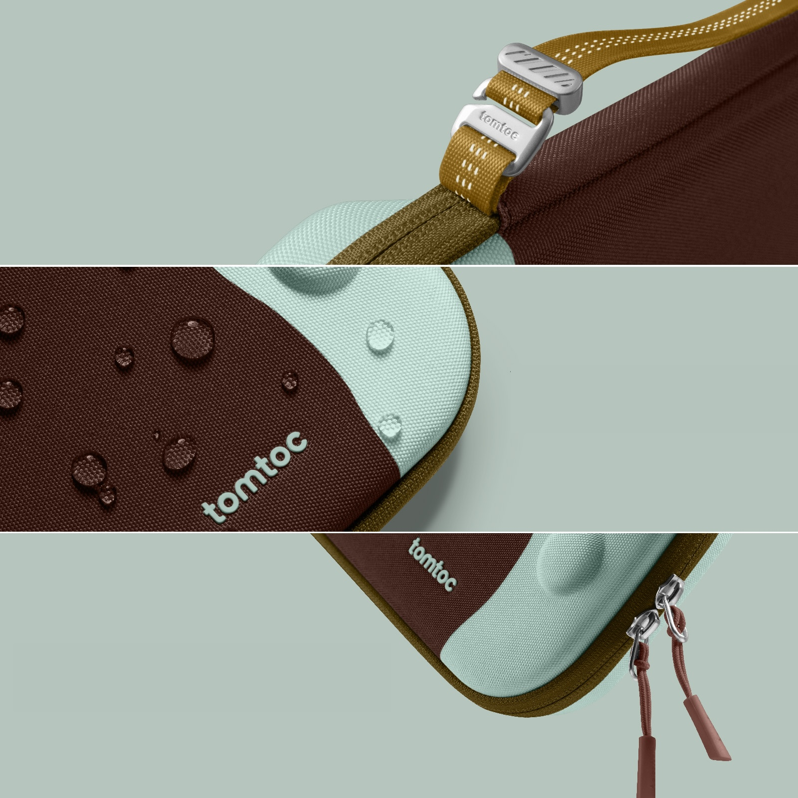 Zbliżenie etui tomtoc w kolorze brązowym, turkusowym i oliwkowym. Krople wody na powierzchni. Widoczny pasek i zamek błyskawiczny.