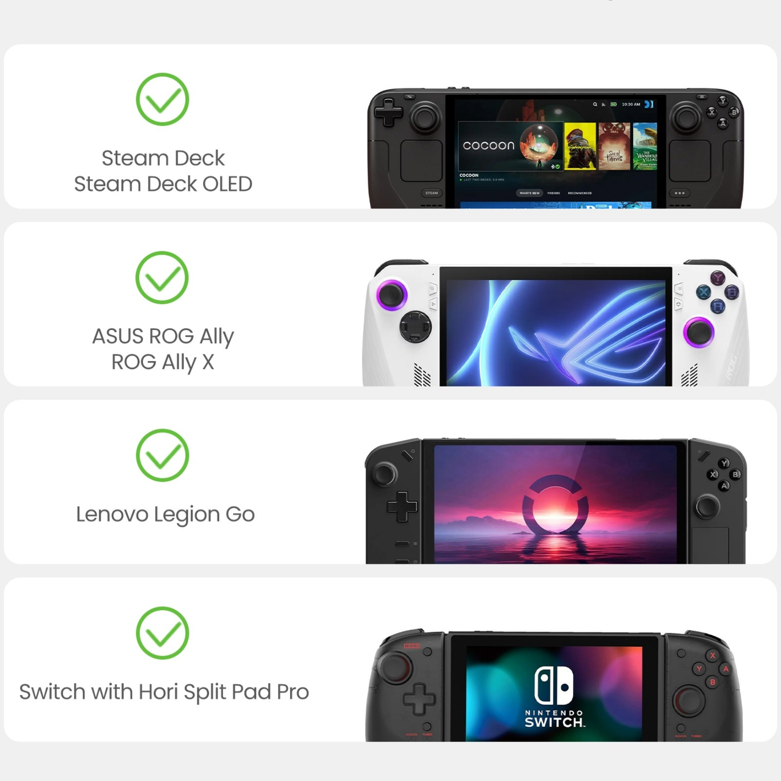 Obraz przedstawia cztery przenośne konsole do gier: Steam Deck, ASUS ROG Ally, Lenovo Legion Go i Nintendo Switch.