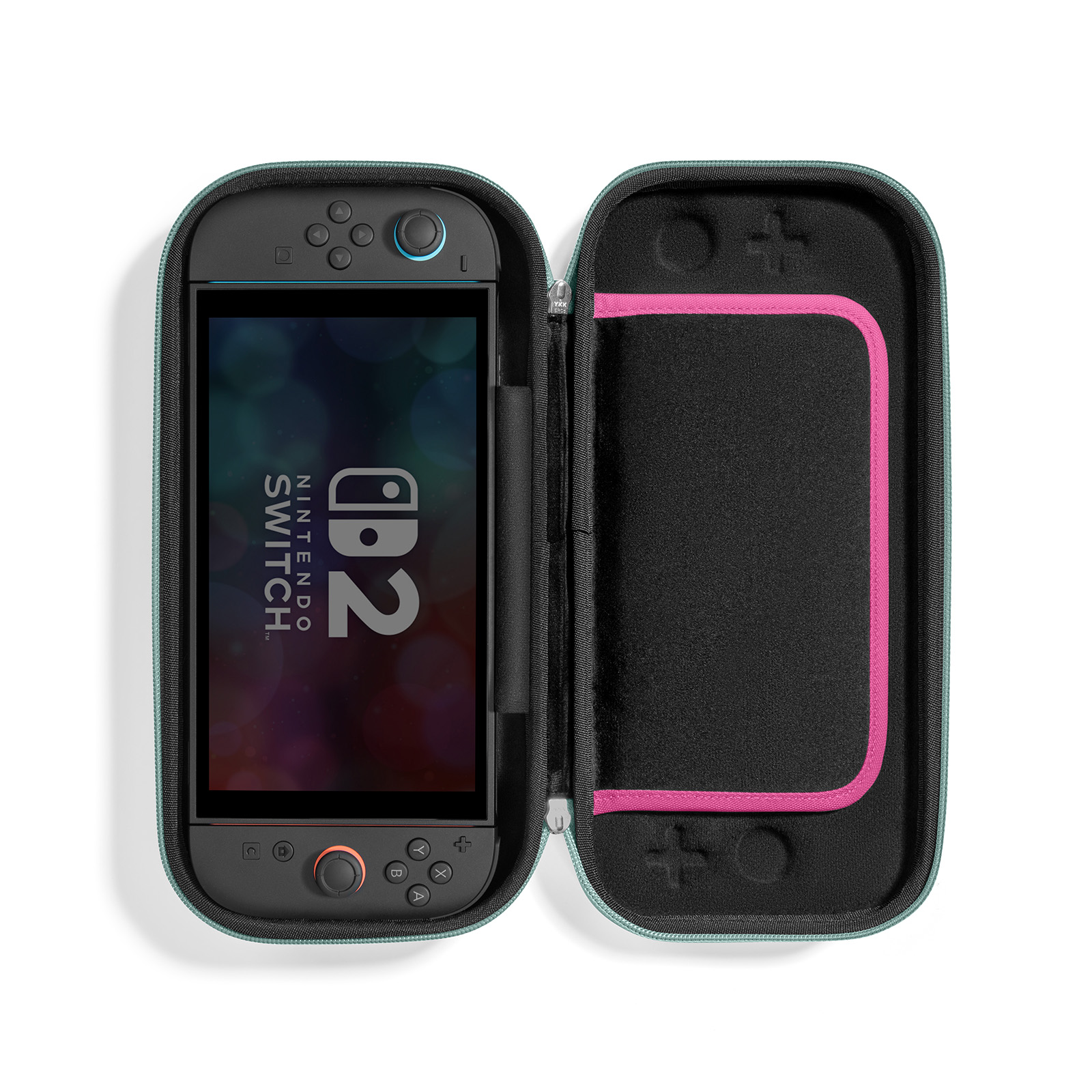 Konsola Nintendo Switch w etui. Otwarte etui ukazuje ekran i elementy sterujące. Etui jest turkusowe z różowym wnętrzem.