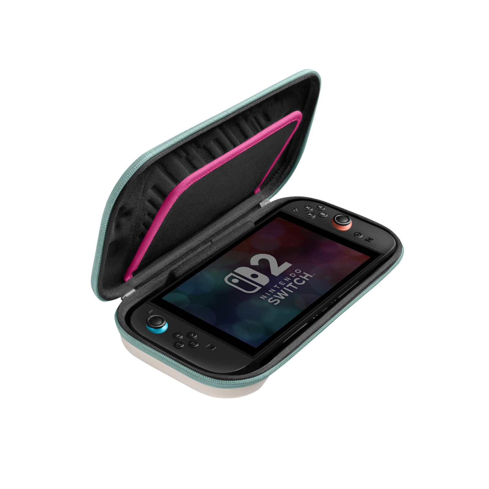 Konsola Nintendo Switch w turkusowo-różowym etui. Ekran wyświetla logo Nintendo Switch. Etui jest otwarte.