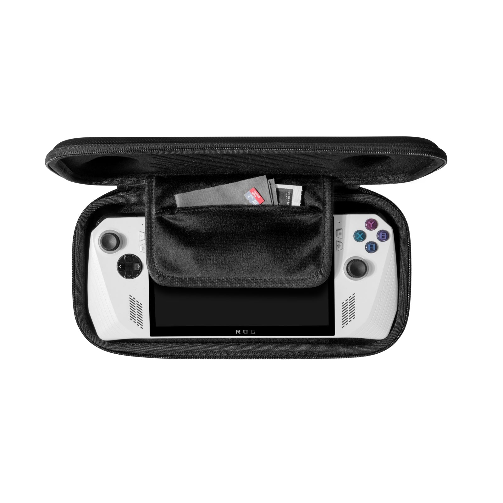 Białe urządzenie do gier przenośnych ROG Ally znajduje się w otwartej czarnej obudowie. Kieszeń zawiera karty. Ekran jest czarny.