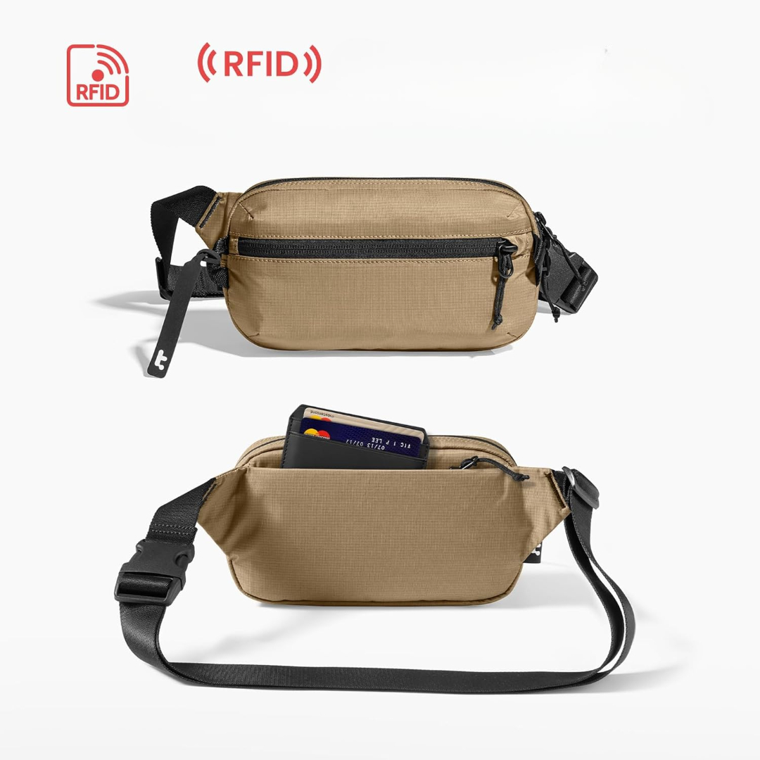 Dwie beżowe nerki, jedna zamknięta i jedna otwarta z portfelem. Czarne paski i zamki błyskawiczne. Logo RFID.