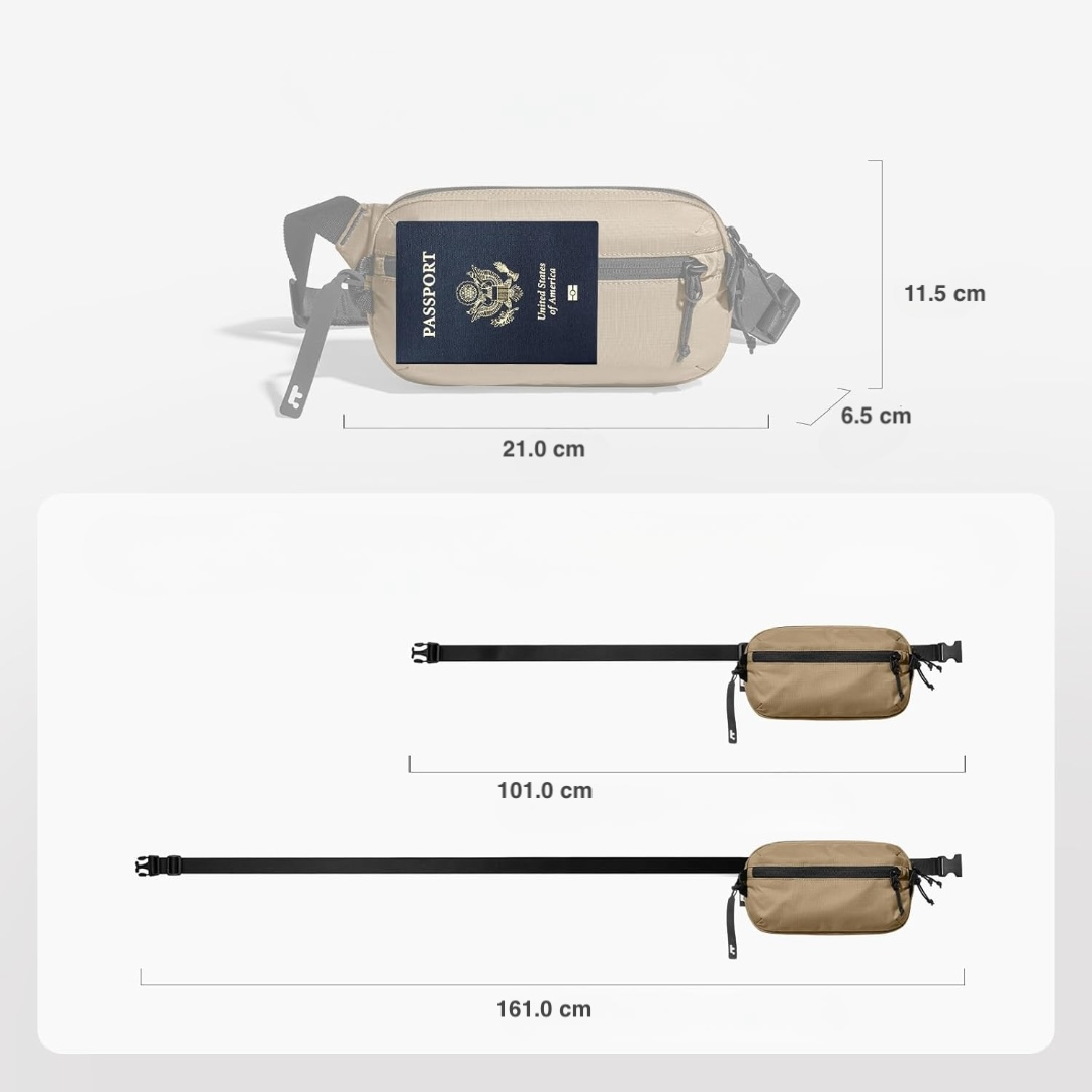 Beżowa nerka z paszportem, wymiary 21x11,5x6,5 cm. Dwie długości paska: 101 cm i 161 cm.