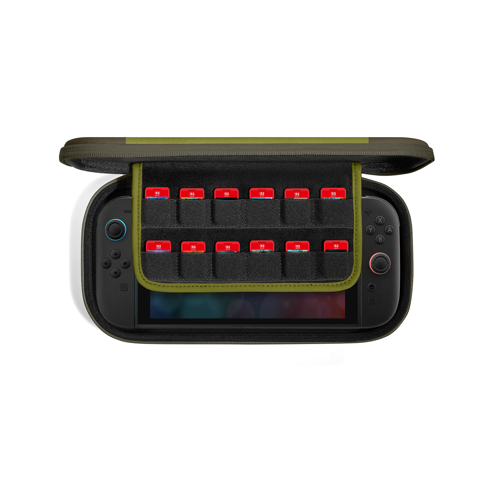 Otwarta zielona obudowa z czarną konsolą do gier w środku. Czerwone kartridże do gier są widoczne w obudowie.