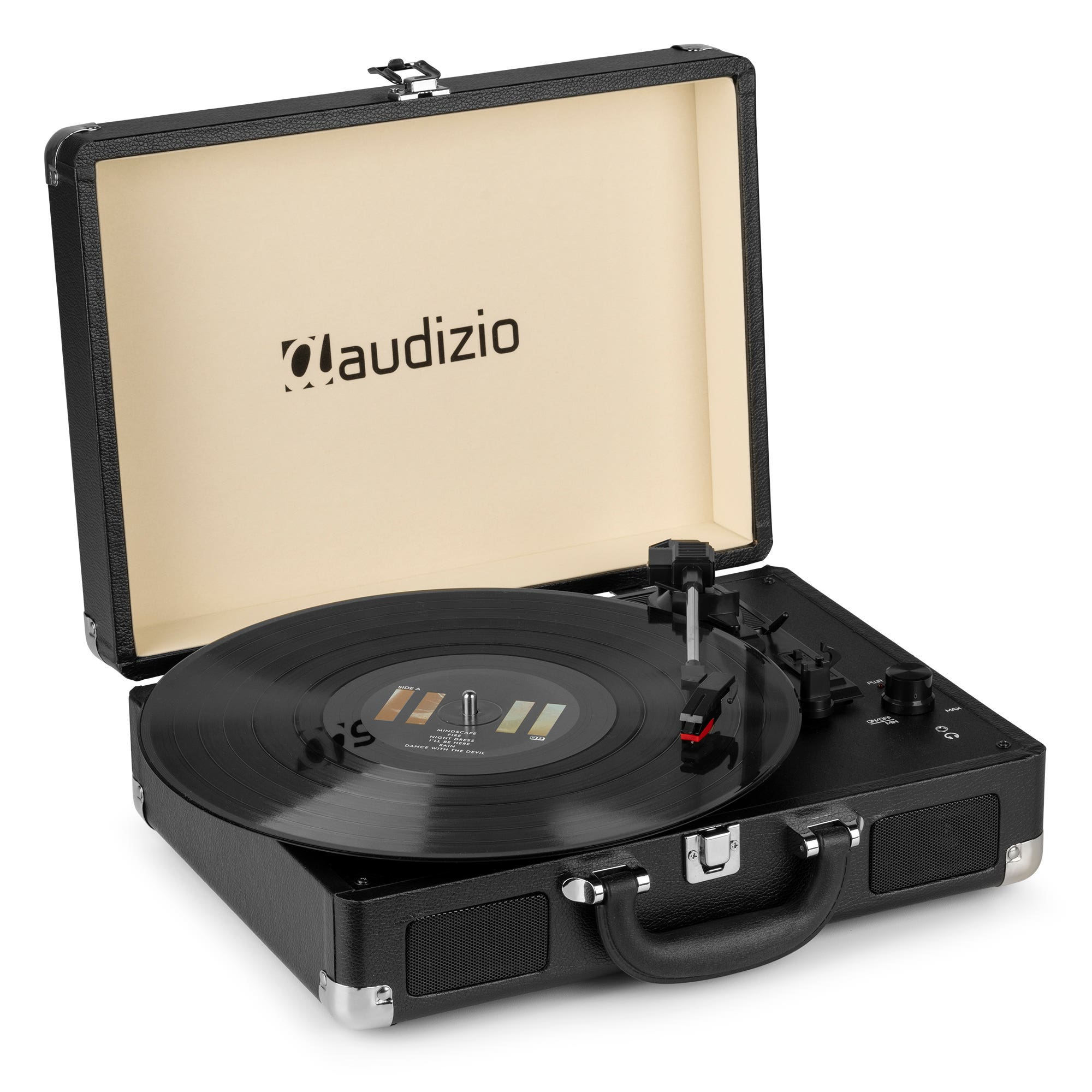 Un tocadiscos Audizio negro con un disco de vinilo abierto. El interior es beige. Hay altavoces y control de volumen.