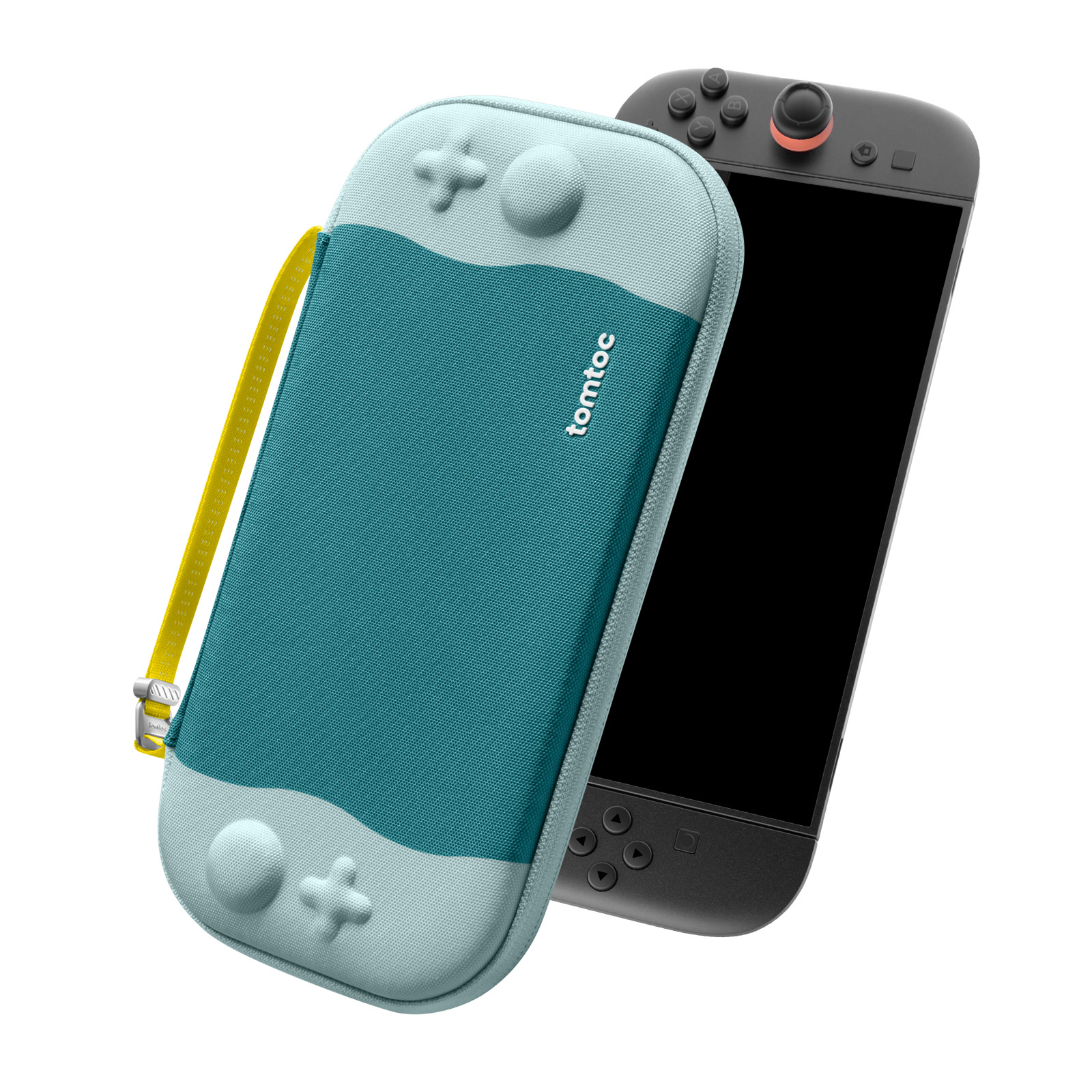 Turkusowe i jasnoniebieskie etui Switch Lite z żółtym paskiem obok czarnej konsoli Switch Lite.