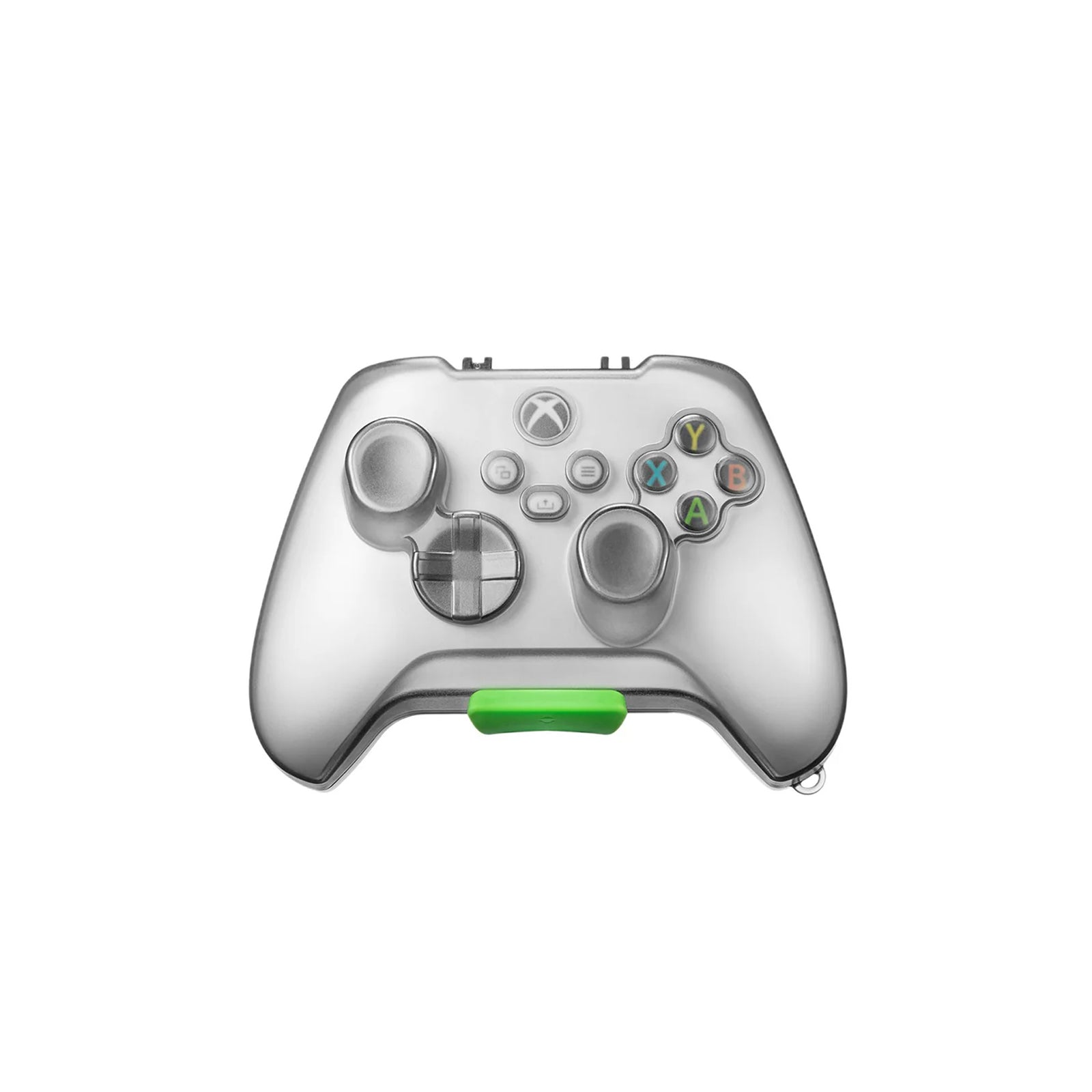 Srebrny kontroler Xbox z kolorowymi przyciskami na białym tle. Zielony spust na dole.