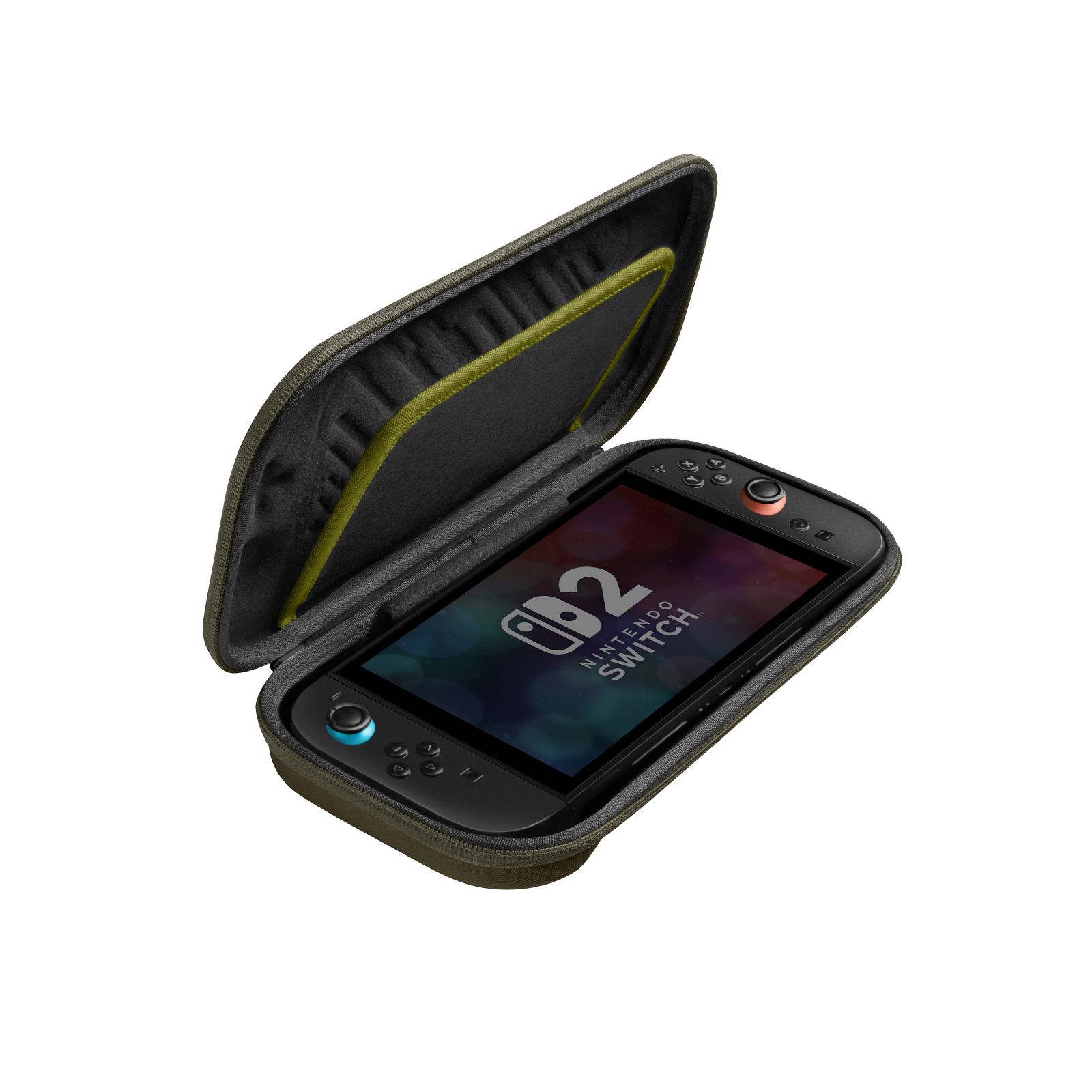 Nintendo Switch w zielonym etui. Ekran pokazuje logo Nintendo Switch. Etui jest otwarte.