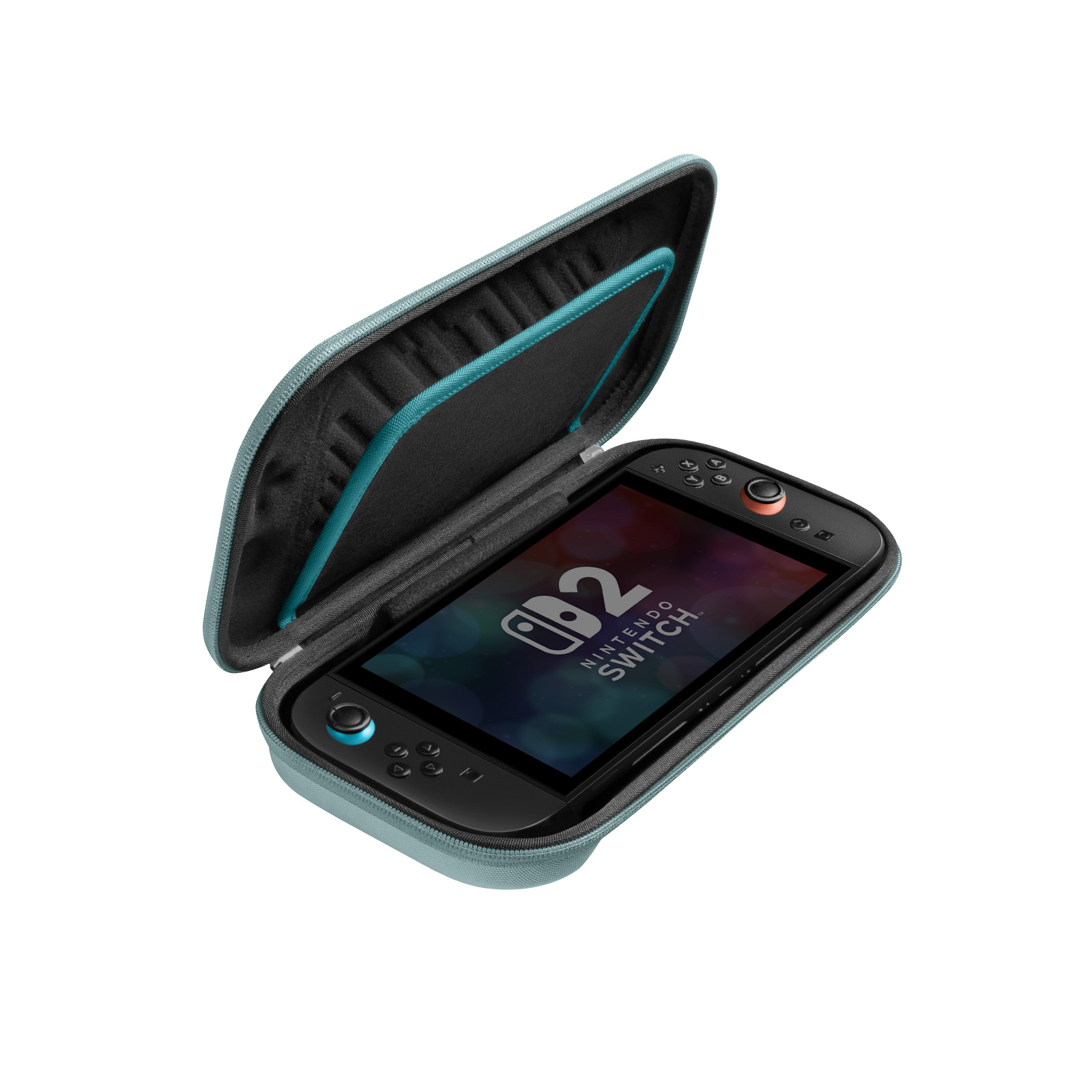 Konsola Nintendo Switch w turkusowym etui, włączony ekran, pokazujący logo gry. Etui otwarte.