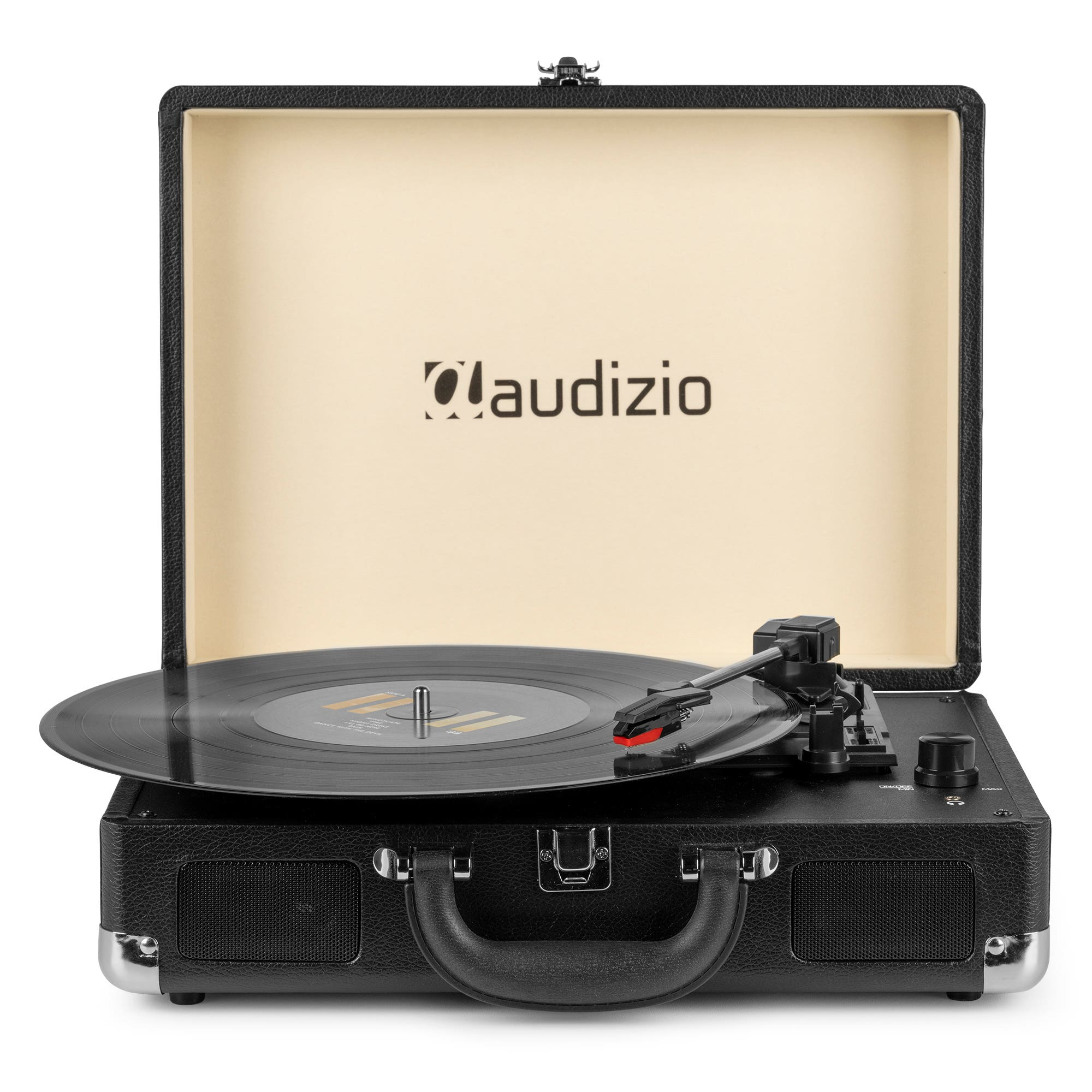 Tocadiscos Audizio negro con tapa abierta. Un disco de vinilo en el plato. La tapa tiene el logotipo de Audizio.