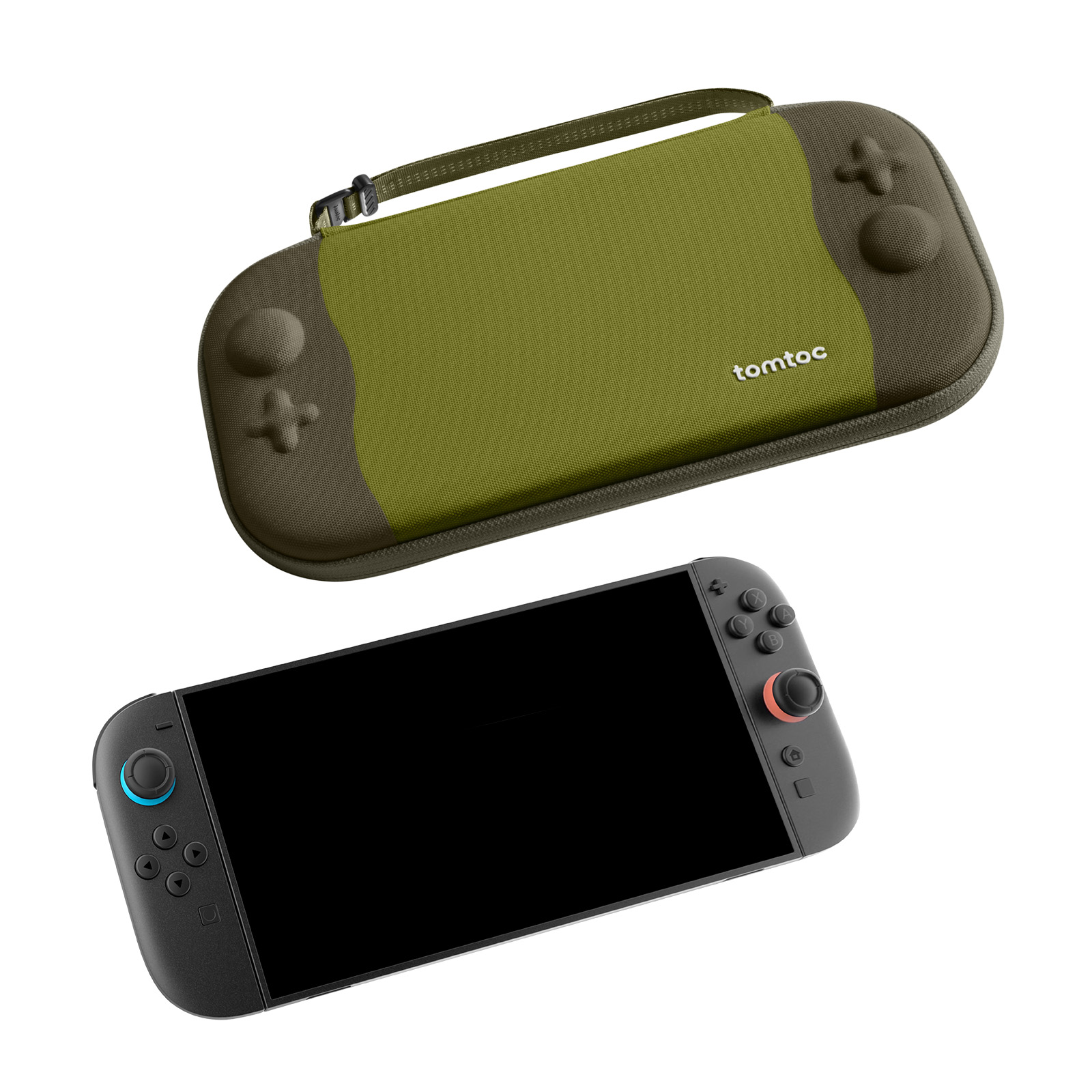 Zielone i szare etui oraz czarna konsola do gier na białym tle. Etui ma uchwyt, a konsola czarny ekran.