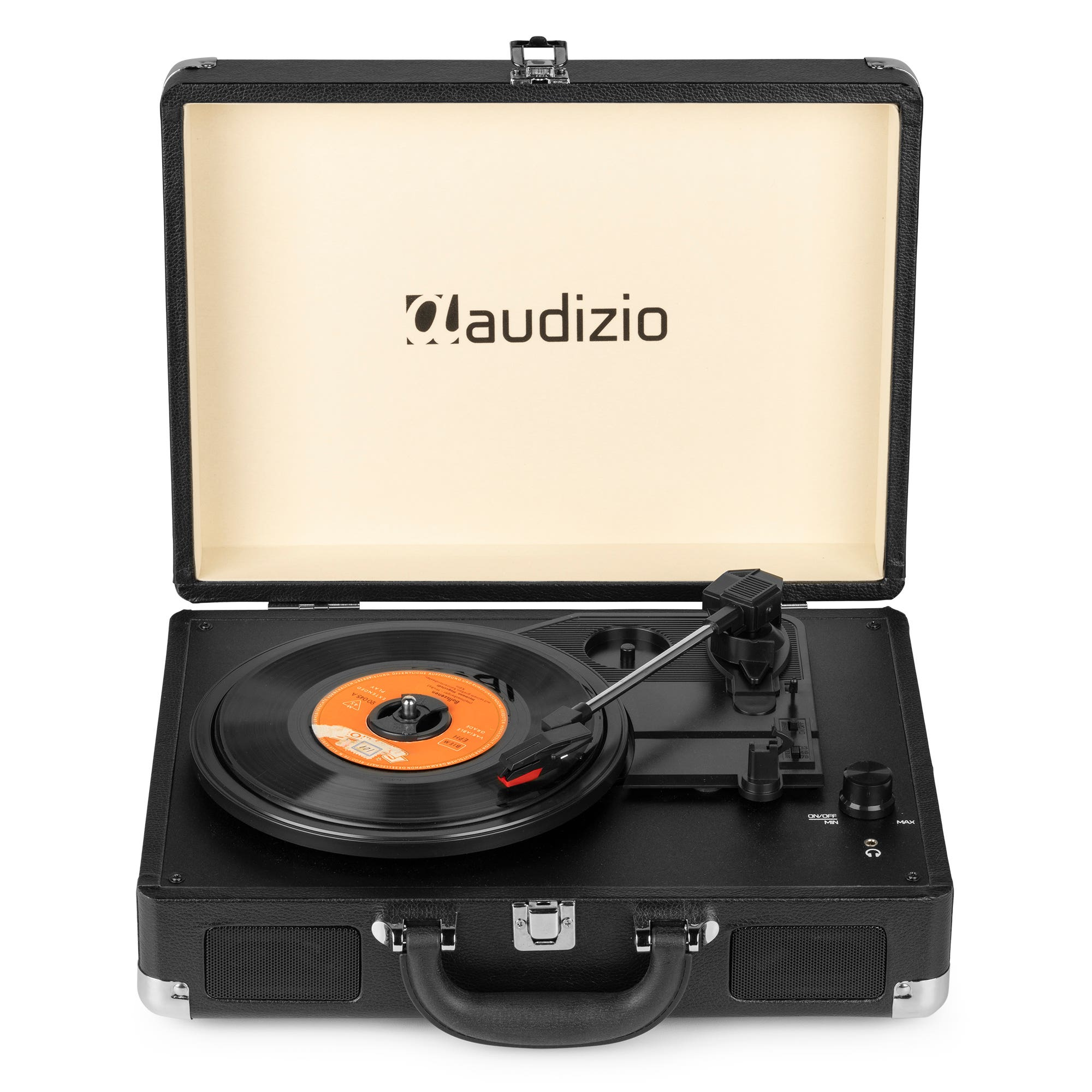 Tocadiscos negro con un disco de vinilo, dentro de una funda negra. La funda está abierta y tiene la marca 'Daudizio'.