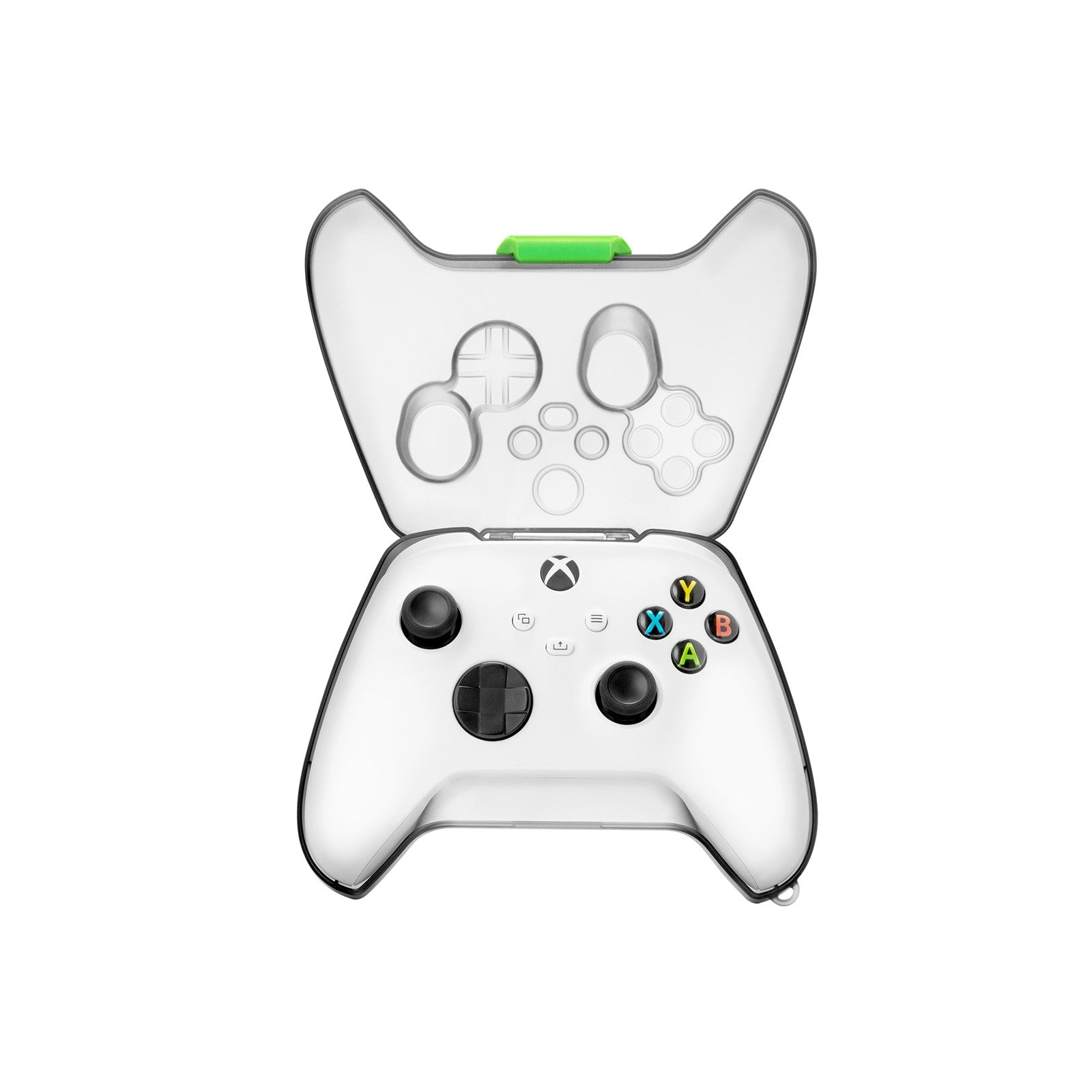 Biały kontroler Xbox w przezroczystym etui ochronnym. Etui jest otwarte. Zielony akcent na górze.