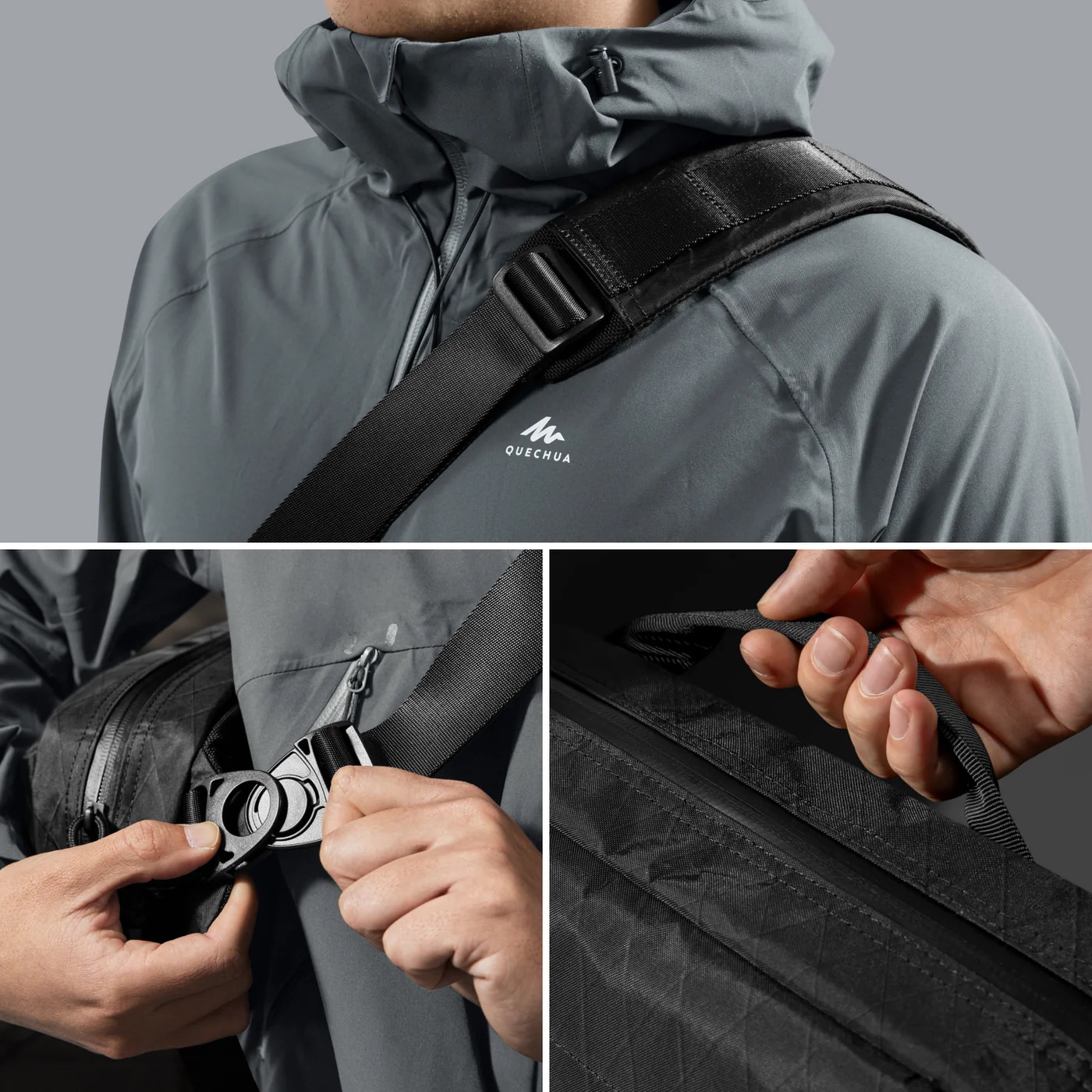 Mężczyzna w szarej kurtce z czarną torbą na ramię. Zbliżenie pokazuje szczegóły torby, jak klamra i pasek.