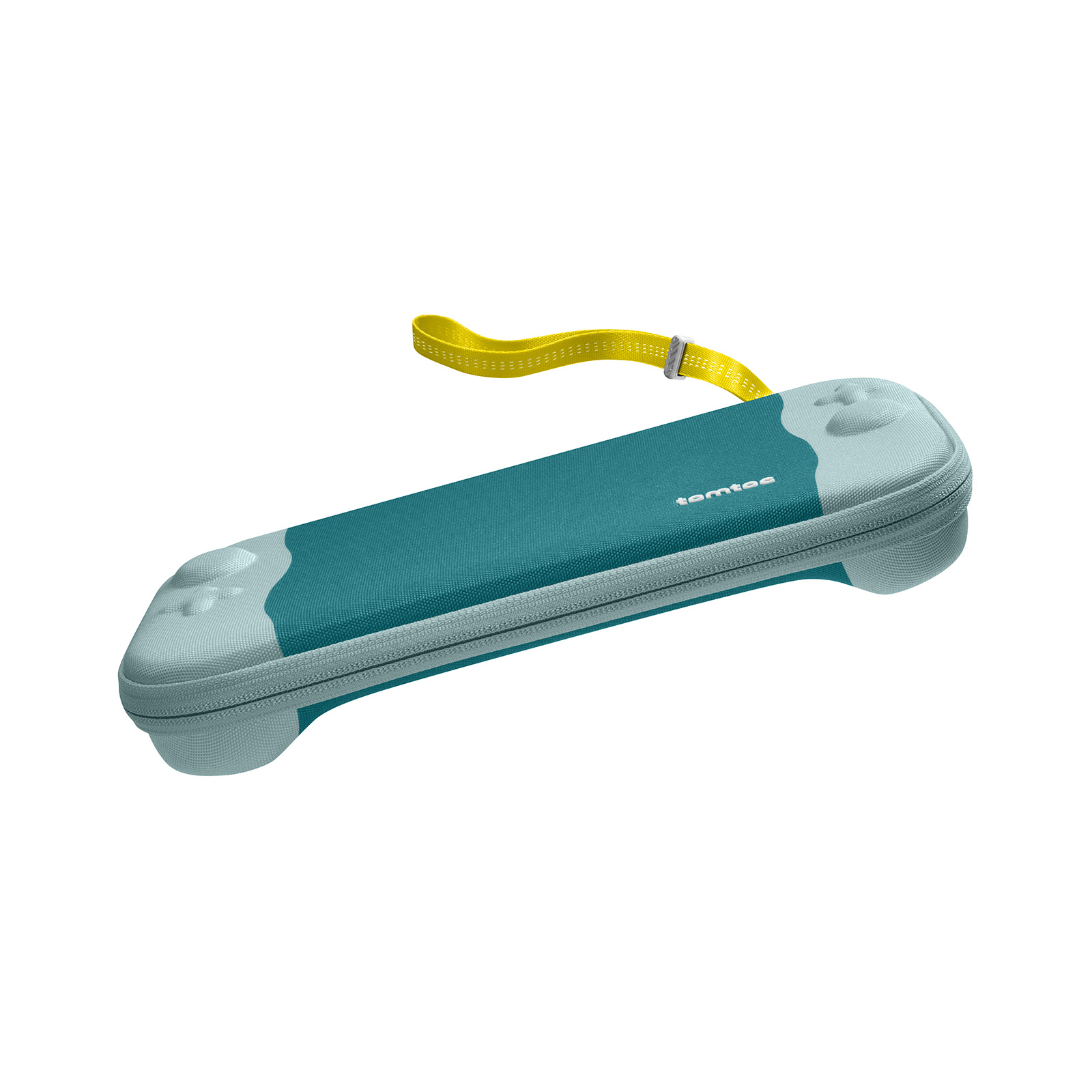 Turkusowy i jasnoszary futerał do przenoszenia Nintendo Switch z żółtą rączką, na białym tle.