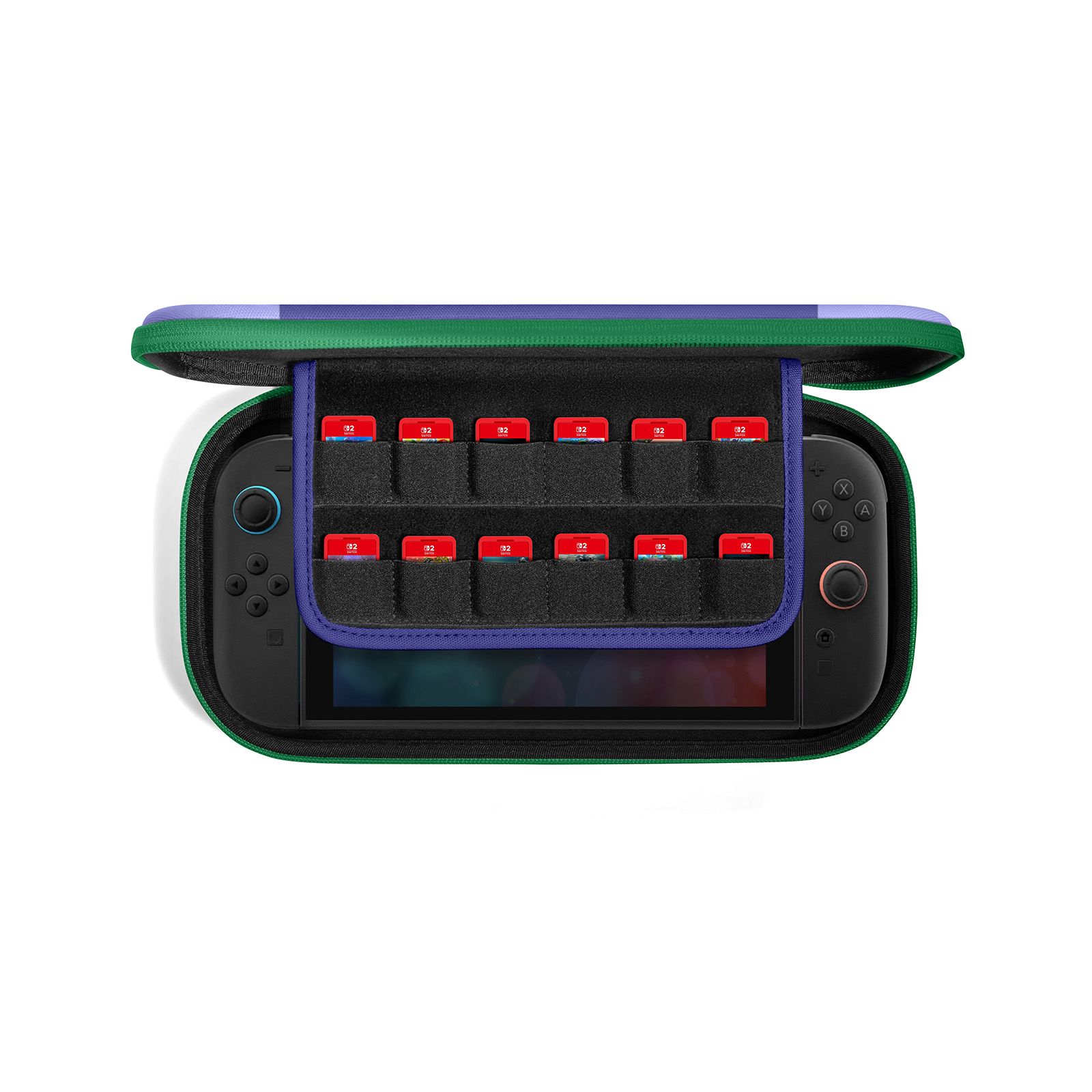 Otwarta obudowa z konsolą do gier i kartridżami. Obudowa zielona i fioletowa. Konsola czarna, kartridże czerwone.