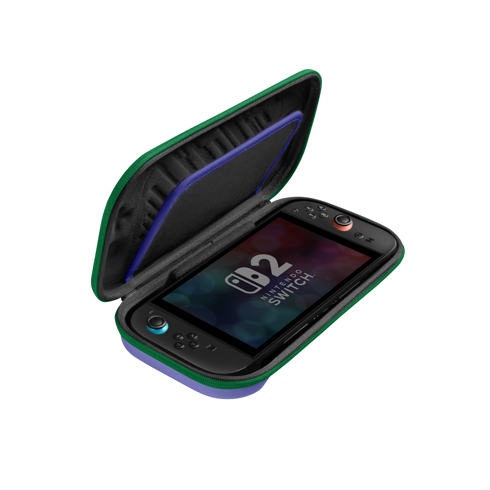 Konsola Nintendo Switch w otwartym etui. Etui jest zielone, fioletowe i czarne. Ekran konsoli wyświetla logo Nintendo Switch.
